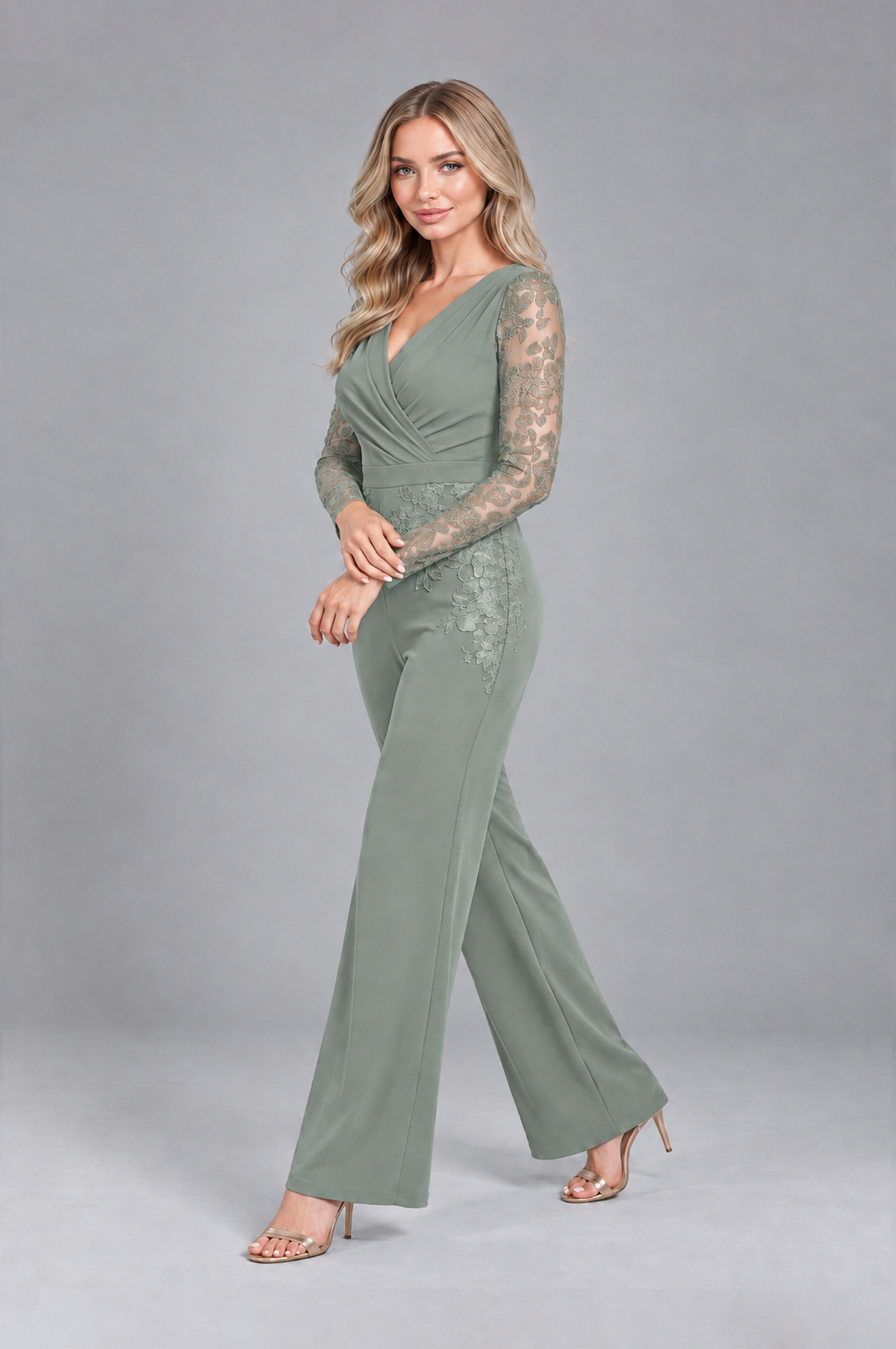 BOLODOO Dusty Sage Lace Long-Sleeve V-Neck Mother Pant Suit - Dusty Sage - Dusty Sage_3
