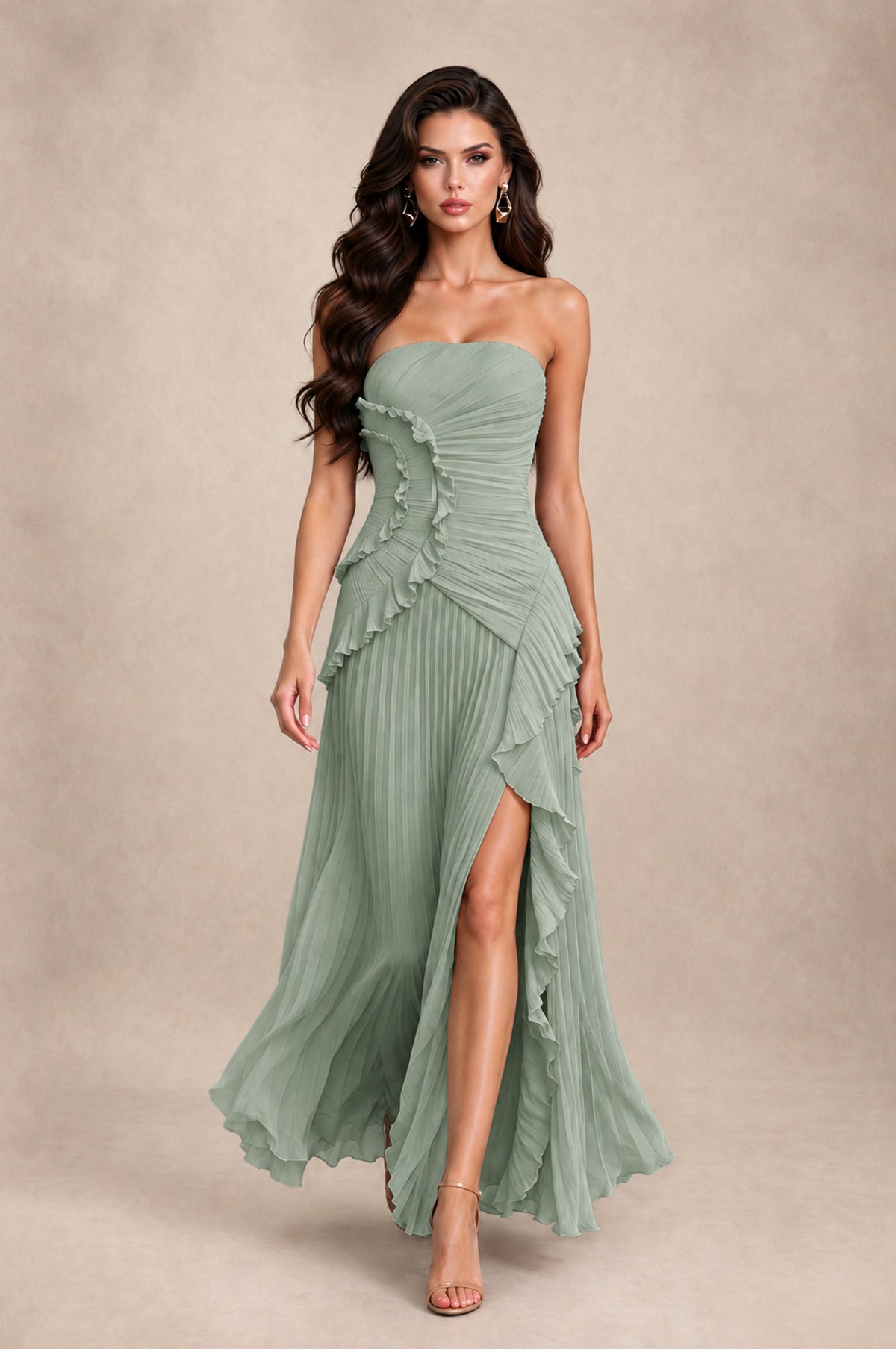BOLODOO Dusty Sage Strapless Ruffle Pleated Slit Evening Gown - Dusty Sage - Dusty Sage_3