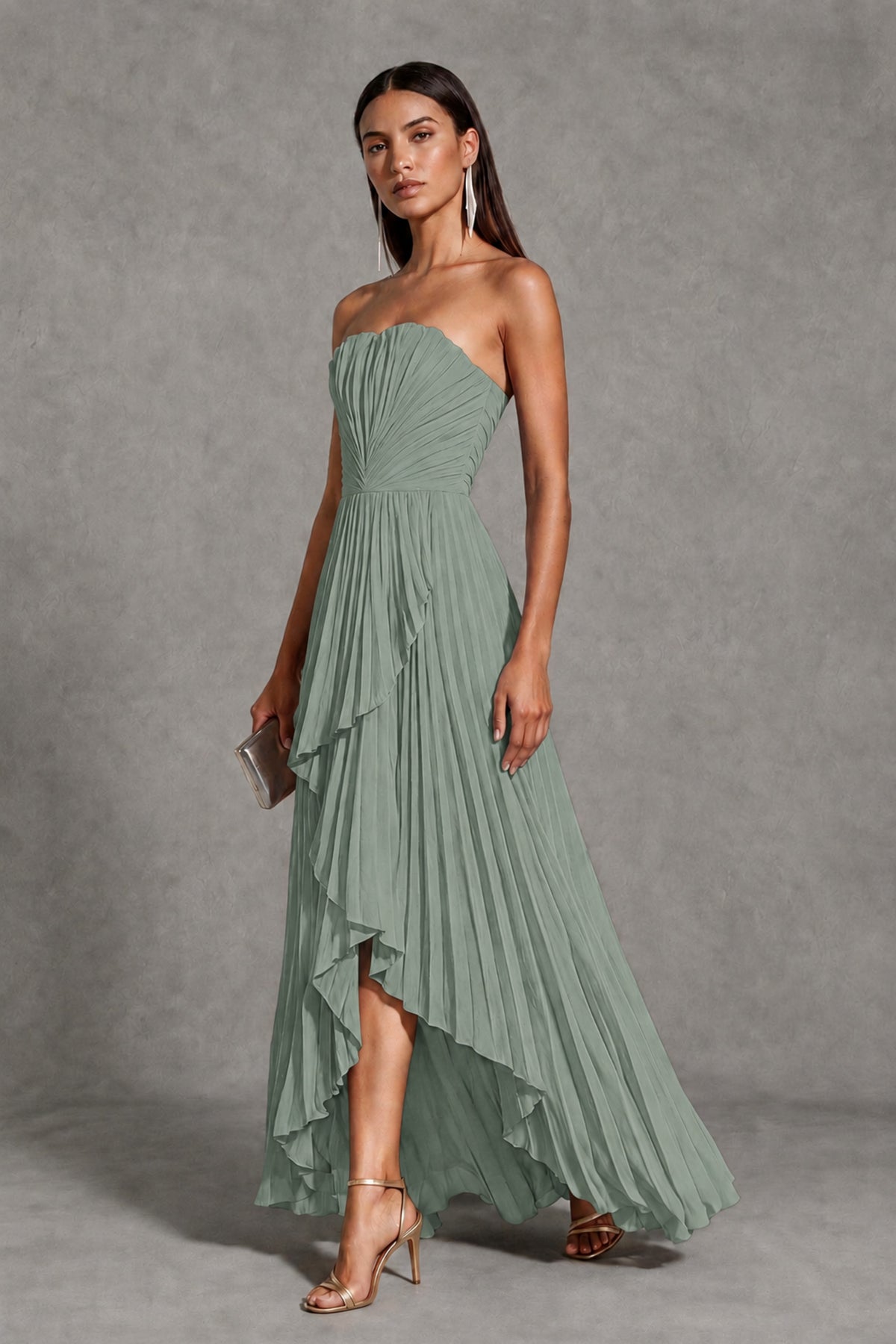 Dusty Sage Strapless Pleated High-Low Evening Gown with Ruffle Hem - Dusty Sage - Dusty_Sage_3