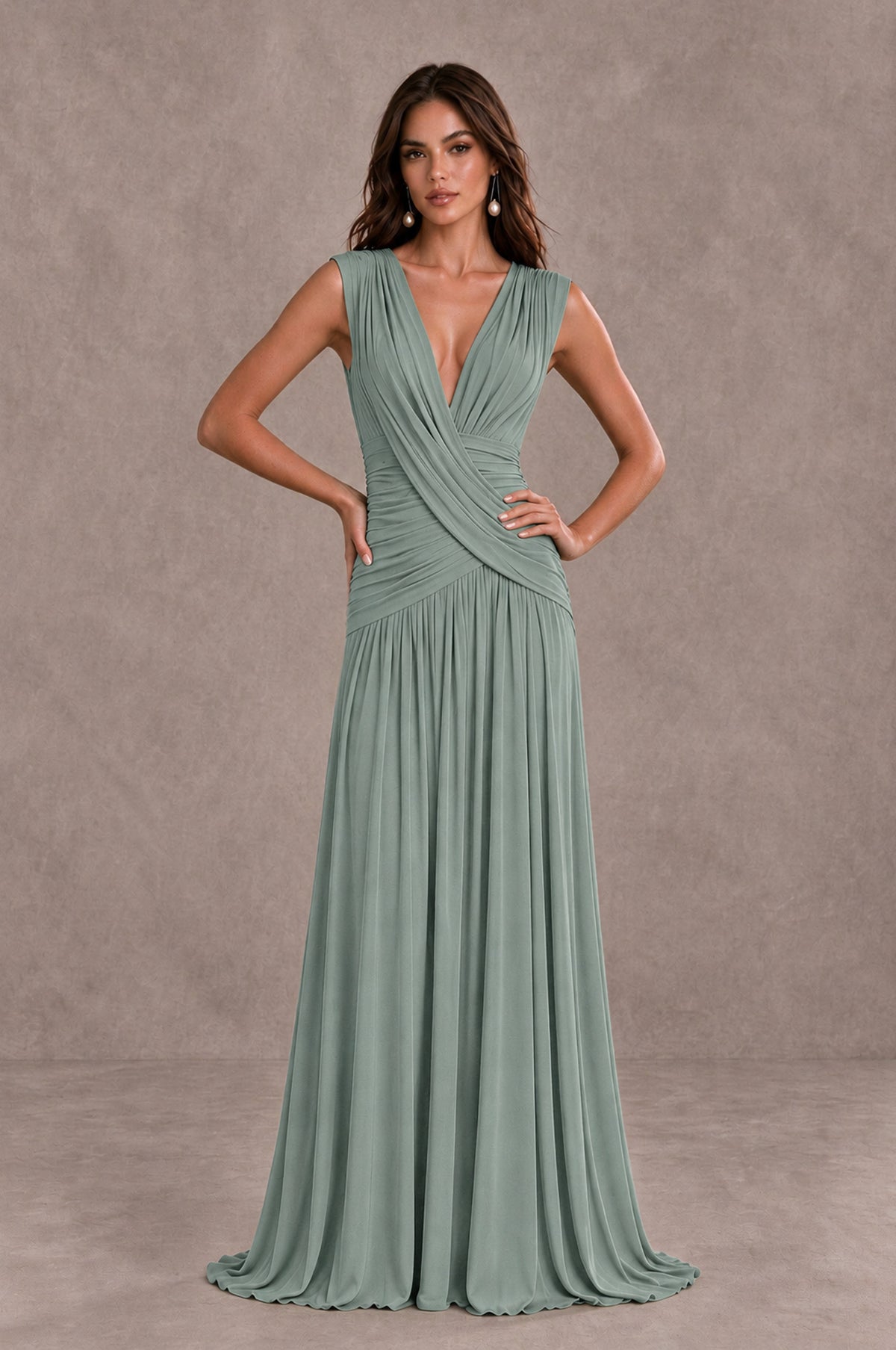 BOLODOO Dusty Sage V-Neck Ruched Wedding Guest Dress - Dusty Sage - Dusty Sage_3