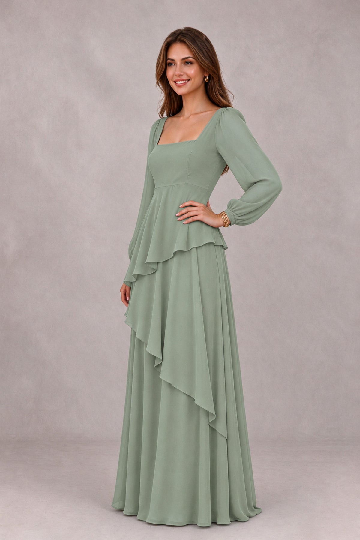 BOLODOO Dusty Sage Long Sleeve Ruffle Bridesmaid Dresses - Dusty Sage - Dusty Sage_3