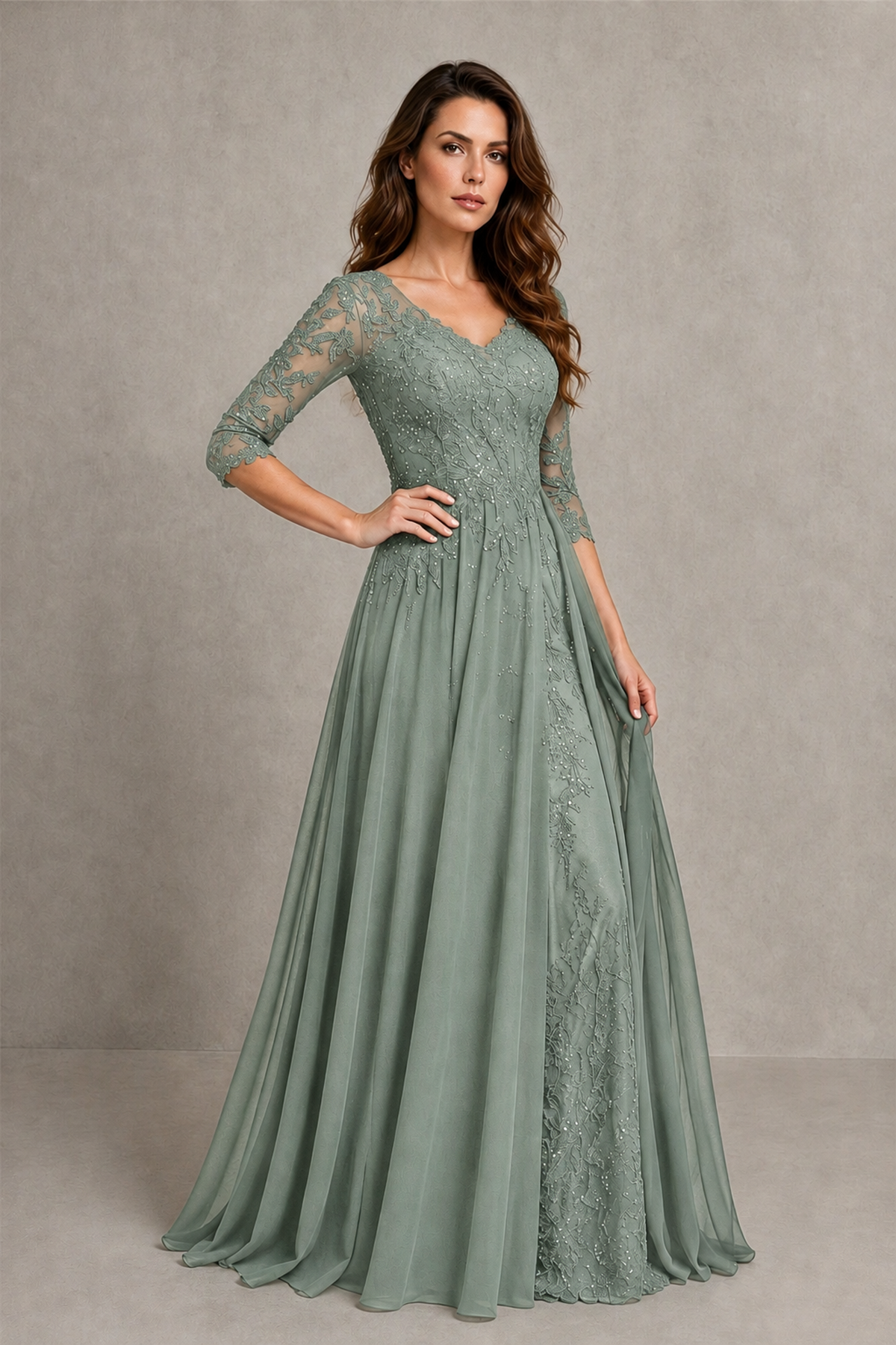 BOLODOO Midnight Dusty Sage Beaded Lace Appliqué Chiffon A-Line Gown | Mother of the Bride & Formal Evening Dress - Dusty Sage - Dusty Sage_3