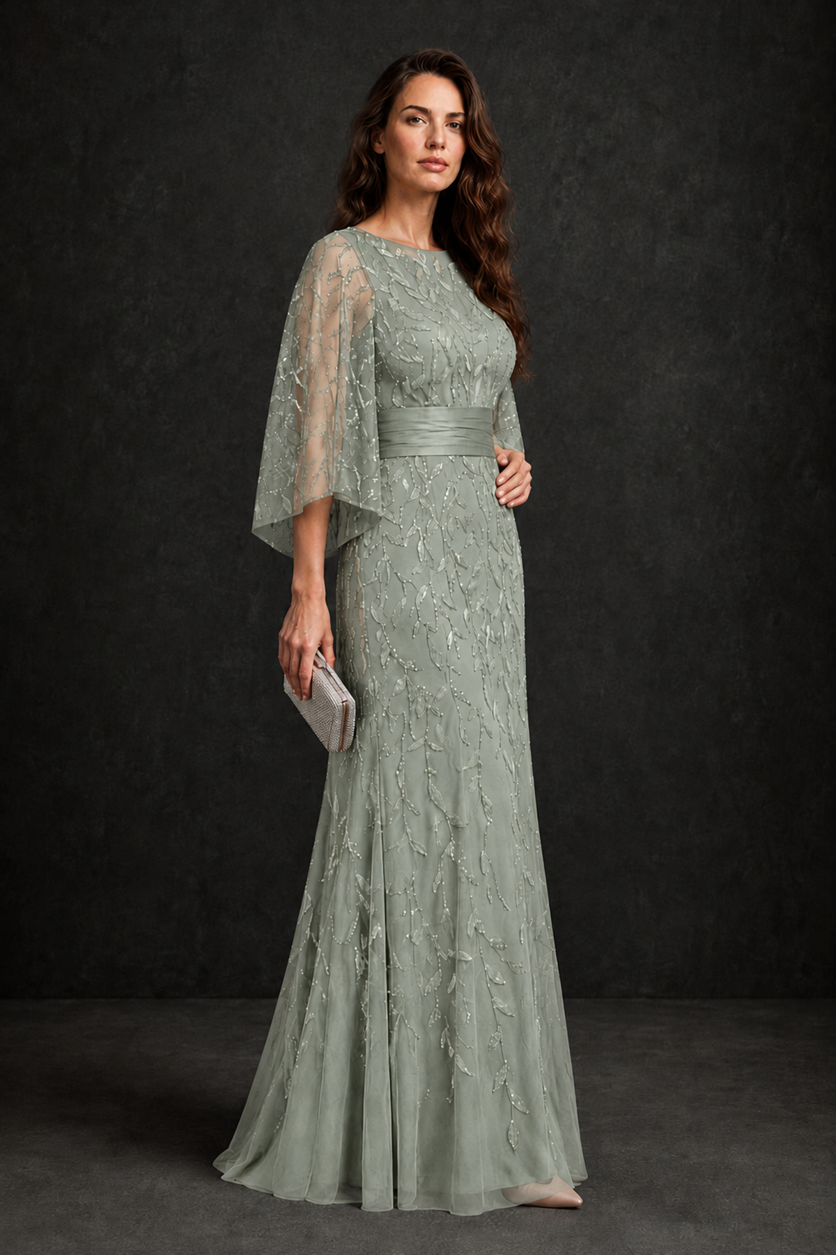 BOLODOO Dusty Sage Bateau Neck Bell Sleeve Sequin Embroidered Satin Waist A-Line Maxi Dress - Dusty Sage - Dusty_Sage_3