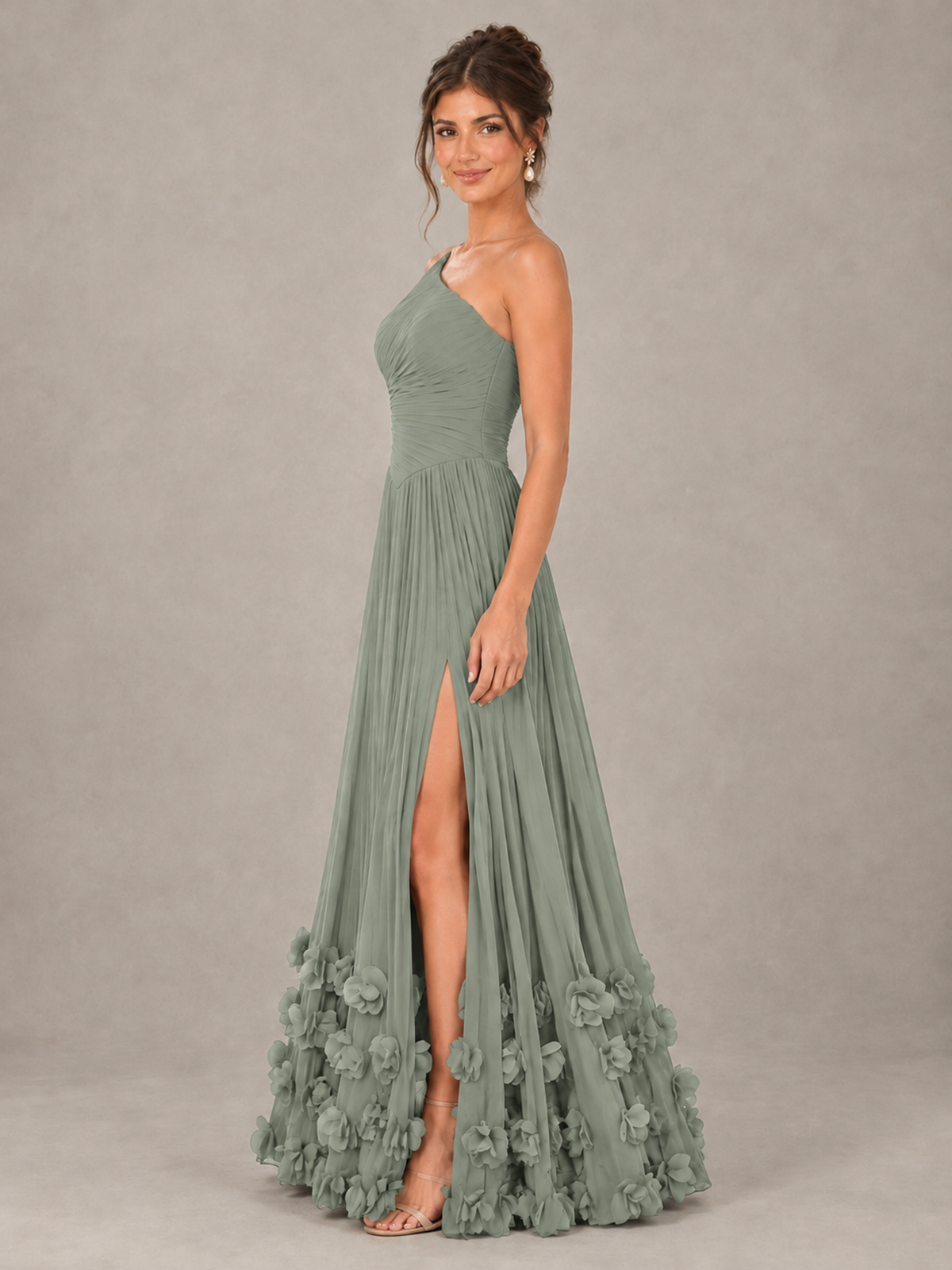 BOLODOO Dusty Sage One-Shoulder Pleated Bridesmaid Dress with 3D Floral Hem - Dusty Sage - Dusty Sage_3