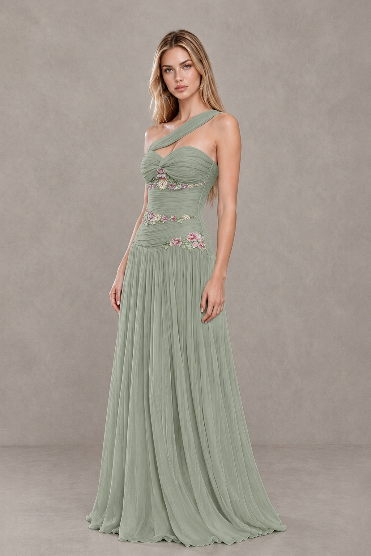 BOLODOO Dusty Sage One-Shoulder Floral Applique A-Line Evening Dress - Dusty Sage - Dusty Sage_3