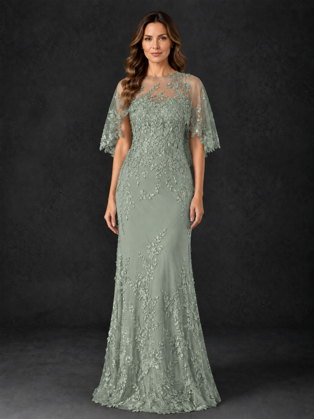 BOLODOO Dusty Sage Botanical Lace Flutter Sleeve Mermaid Gown - Dusty Sage - Dusty_Sage_3