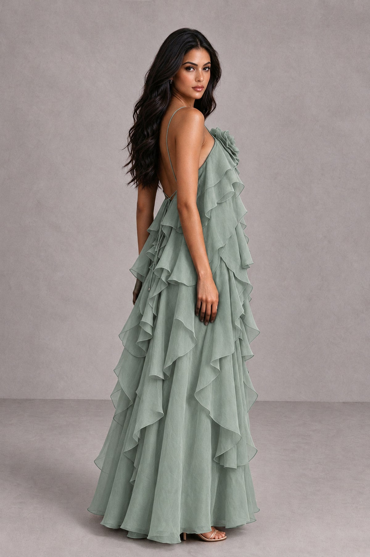 BOLODOO Dusty Sage Cascading Ruffle Rosette Open-Back Maxi Dress - Dusty Sage - Dusty Sage_3