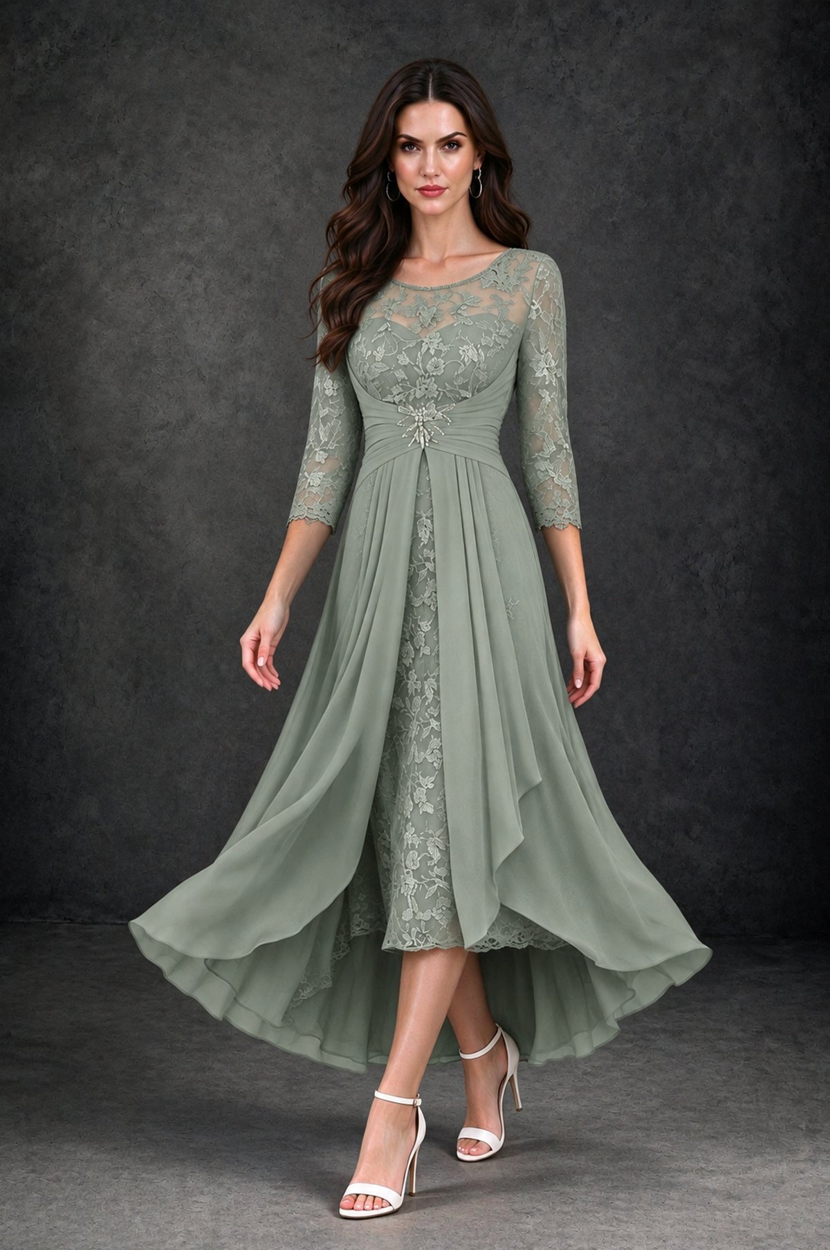 BOLODOO Dusty Sage Sequin Lace & Chiffon Tea-Length Mother of the Bride Dress with 3/4 Sleeves - Dusty Sage - Dusty_Sage_3