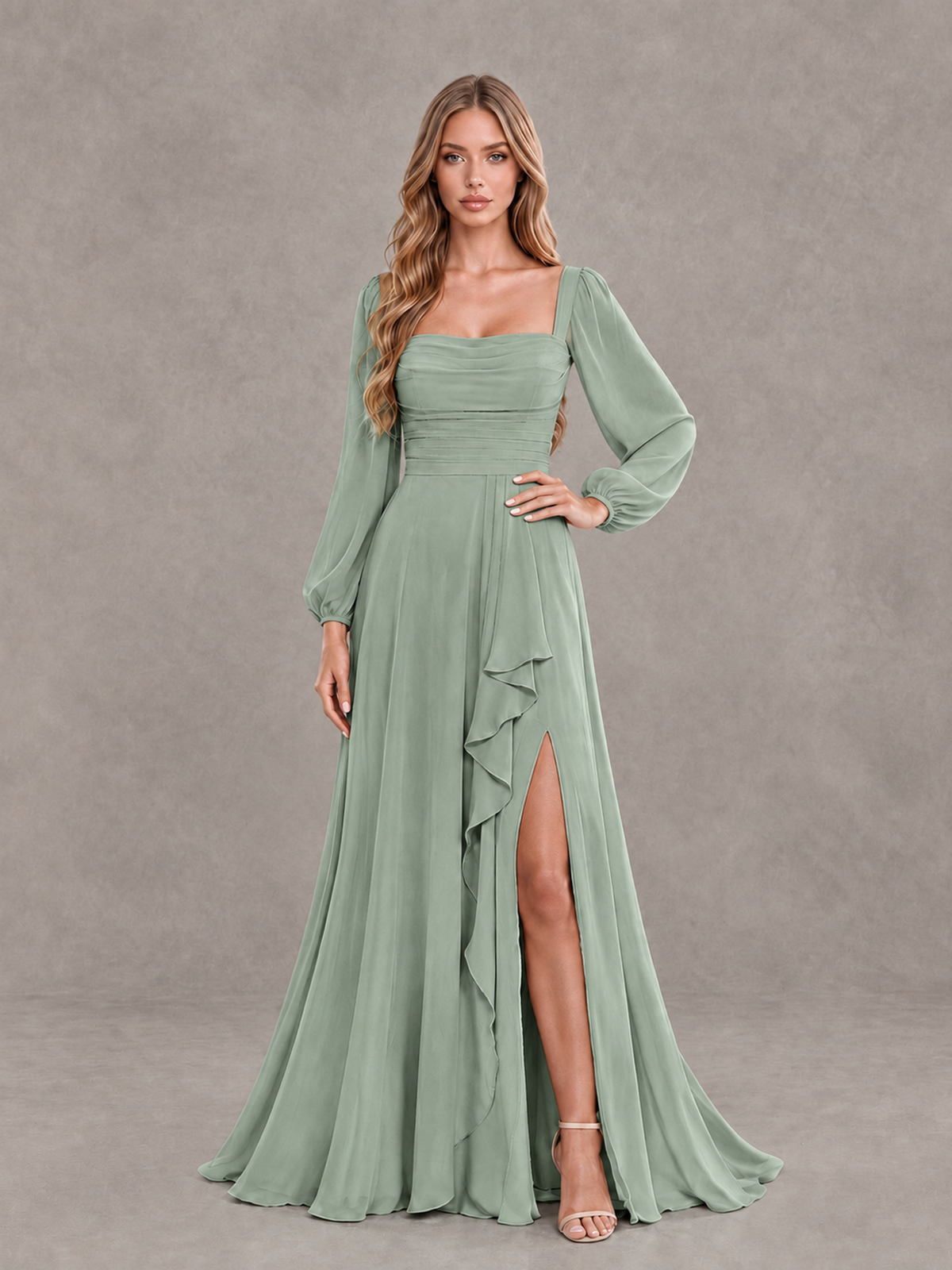 BOLODOO Dusty Sage Square Neck Long Sleeve Bridesmaid Dress with Ruffle Slit - Dusty Sage - Dusty Sage_3