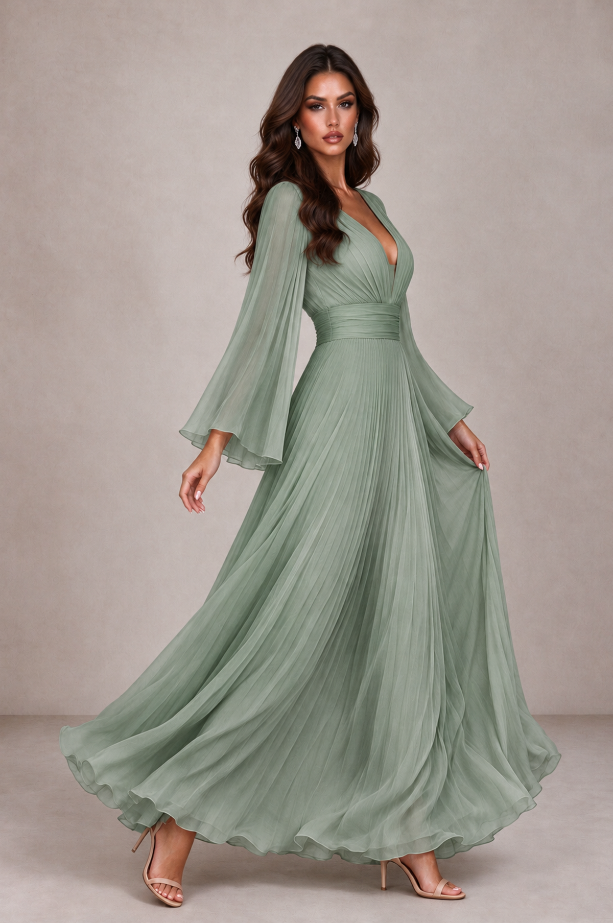 BOLODOO Dusty Sage Pleated Deep V-Neck Long Bell Sleeve Evening Dress - Dusty Sage - Dusty_Sage_4