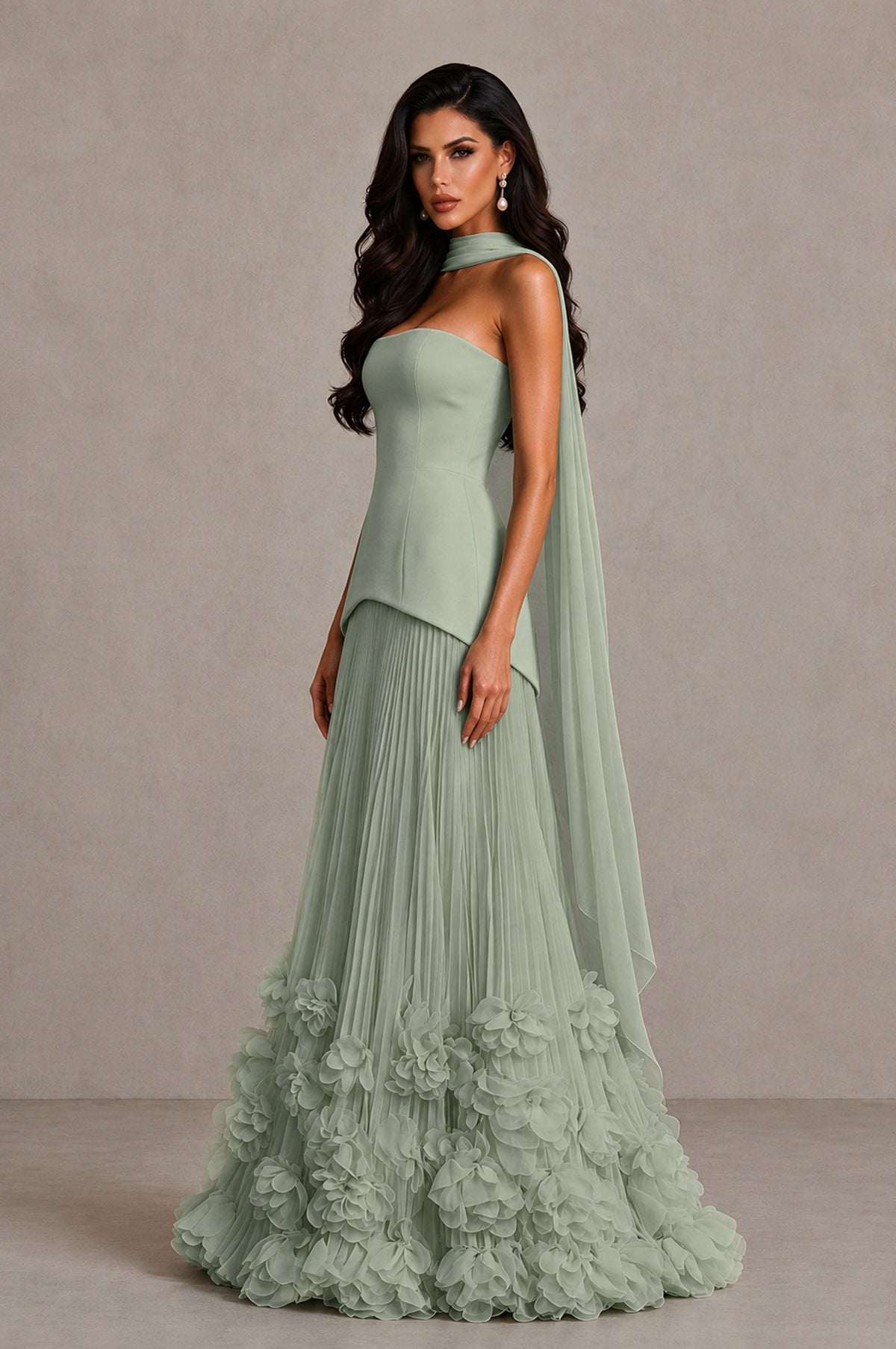 BOLODOO Dusty Sage Strapless Pleated Floral Hem Evening Gown - Dusty Sage - Dusty Sage_4