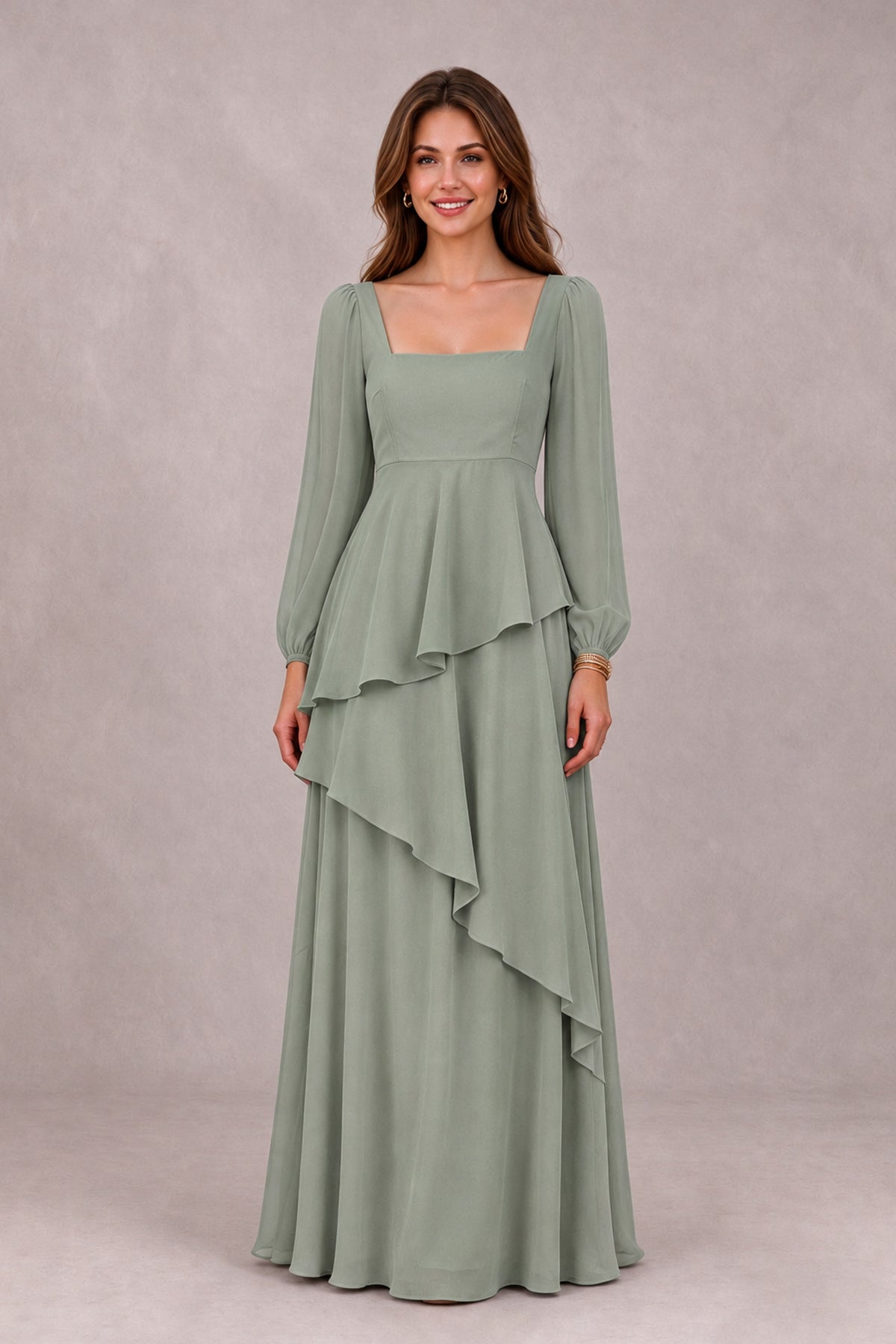 BOLODOO Dusty Sage Long Sleeve Ruffle Bridesmaid Dresses - Dusty Sage - Dusty Sage_4
