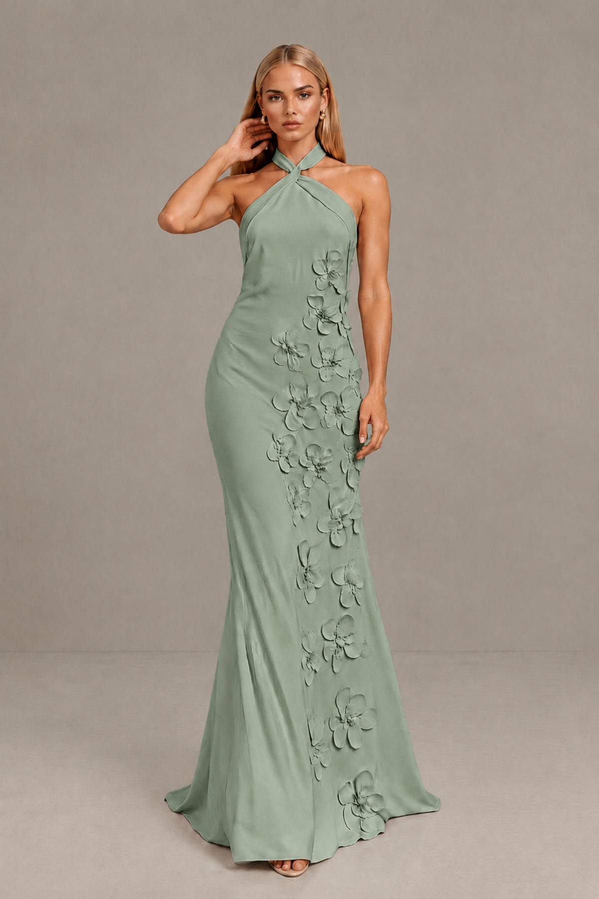 BOLODOO Dusty Sage Cross Halter Neck 3D Floral Appliqué Backless Mermaid Maxi Gown - Dusty Sage - Dusty_Sage_4