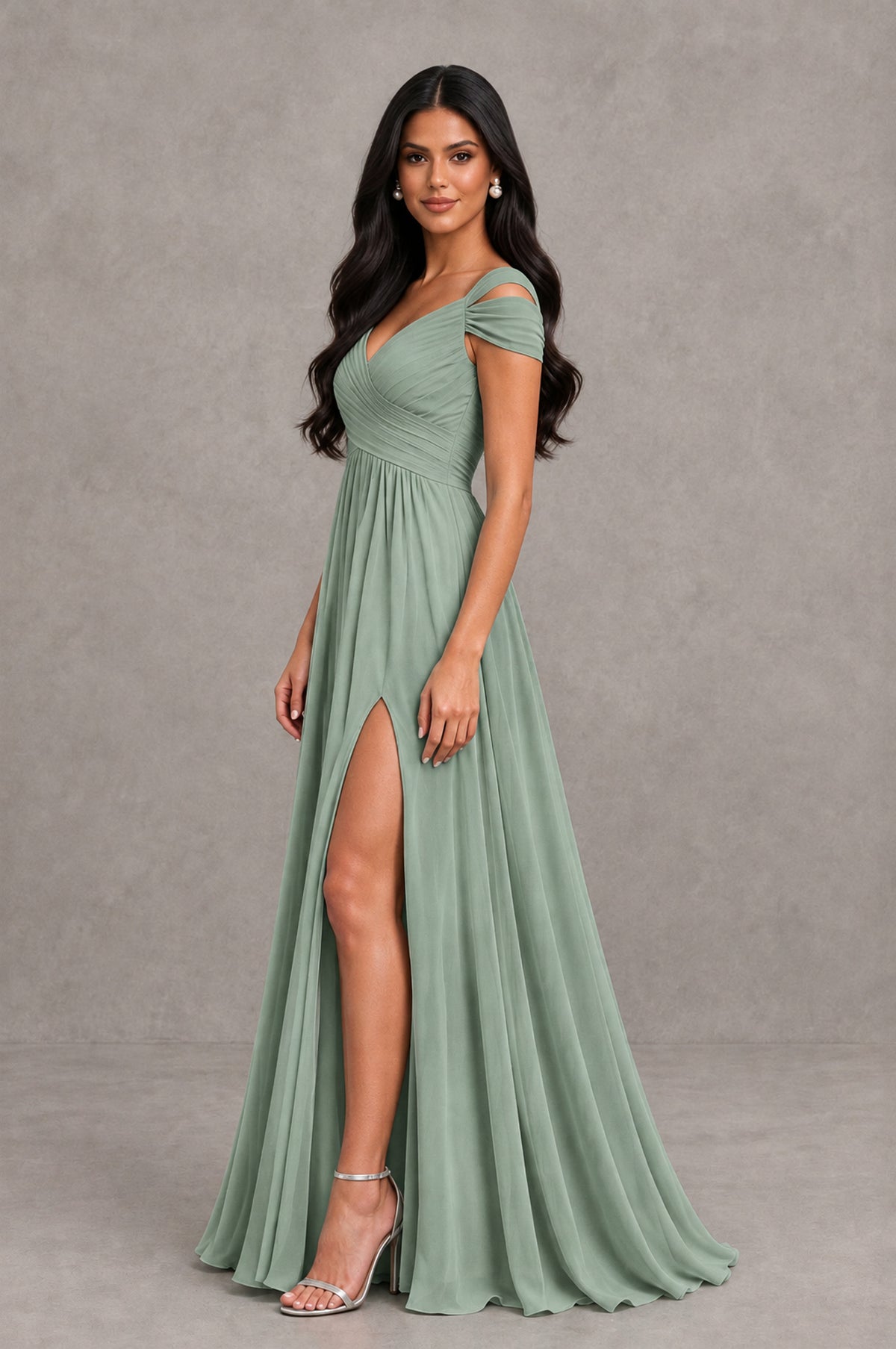 BOLODOO Dusty Sage Cold Shoulder Chiffon Evening Dress with V Neck and High Slit - Dusty Sage - Dusty Sage_4