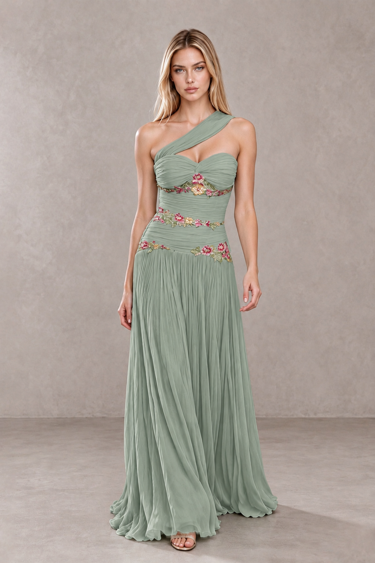 BOLODOO Dusty Sage One-Shoulder Floral Applique A-Line Evening Dress - Dusty Sage - Dusty Sage_4
