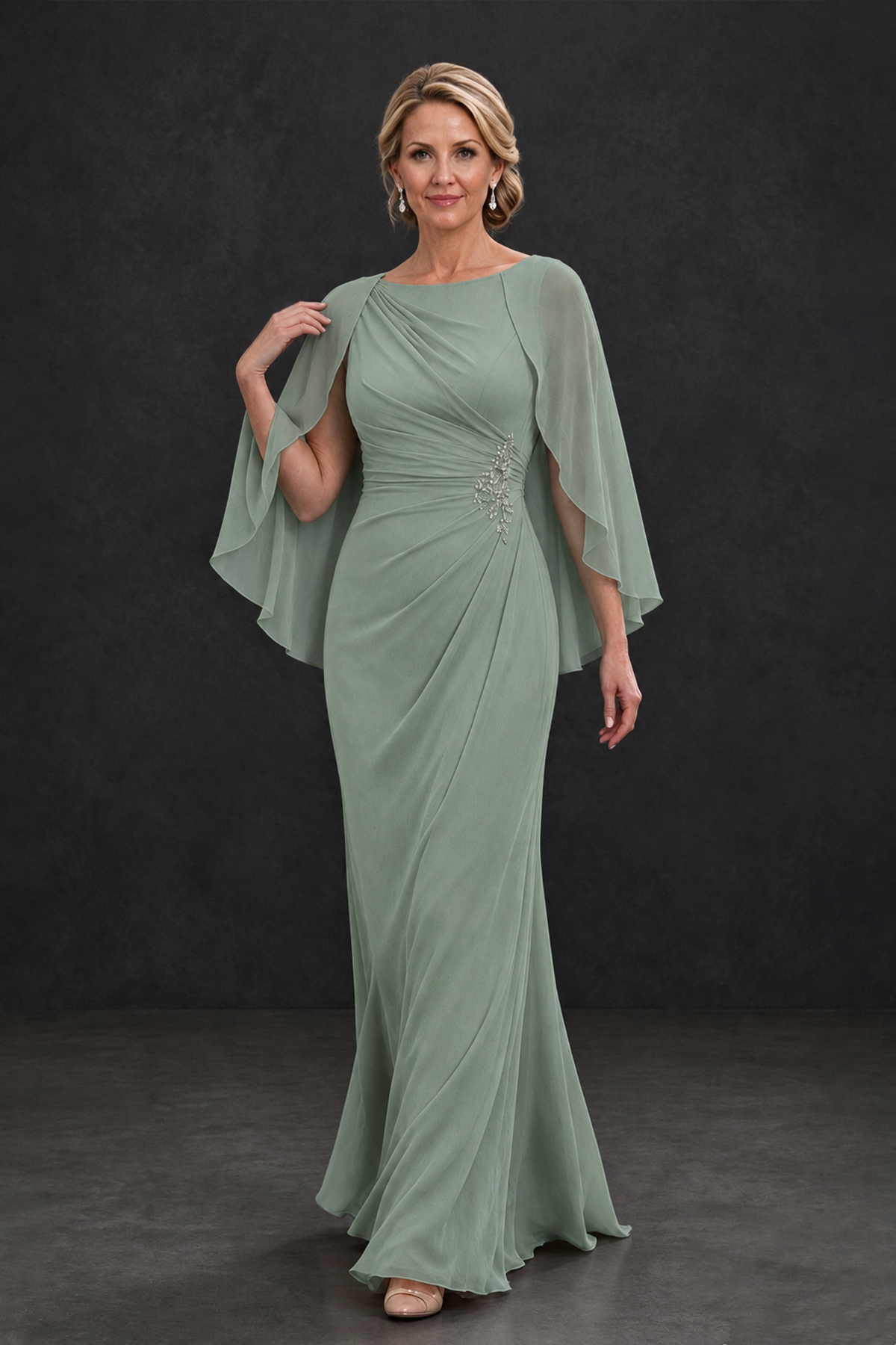 BOLODOO Dusty Sage Cape Sleeve Mother of the Bride Dress with Ruched Waist - Dusty Sage - Dusty Sage_4