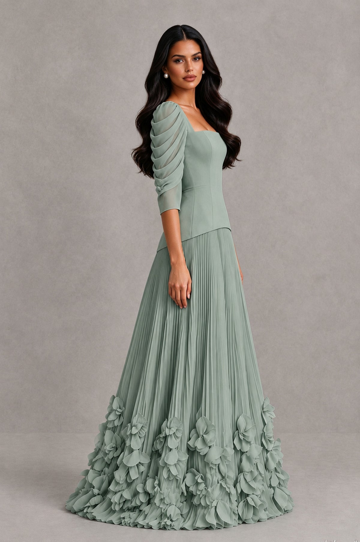 BOLODOO Dusty Sage Square Neck Pleated Floral Applique Evening Dress - Dusty Sage - Dusty Sage_4