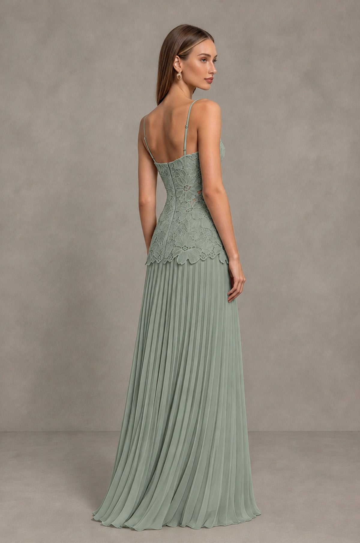 BOLODOO Dusty Sage Lace Bodice Pleated Wedding Guest Dress - Dusty Sage - Dusty Sage_4