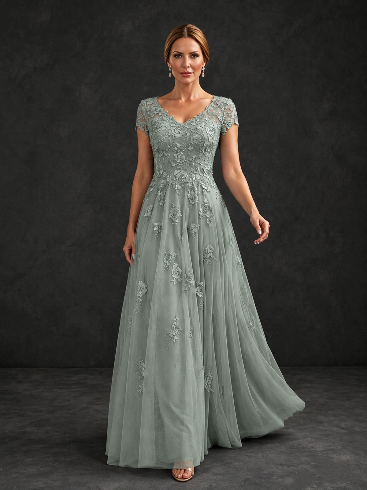 BOLODOO Dusty Sage Cap Sleeve Lace Appliqué A-Line Formal Gown | Mother of the Bride Dress - Dusty Sage - Dusty Sage_4