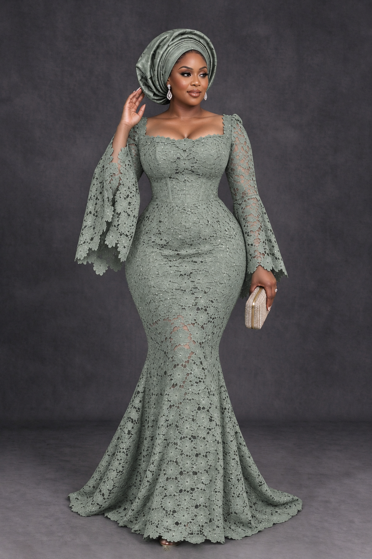 BOLODOO Dusty Sage African Lace Mermaid Dress, Plus Size Nigerian Wedding Guest Gown with Bell Sleeves - Dusty Sage - Dusty Sage_4