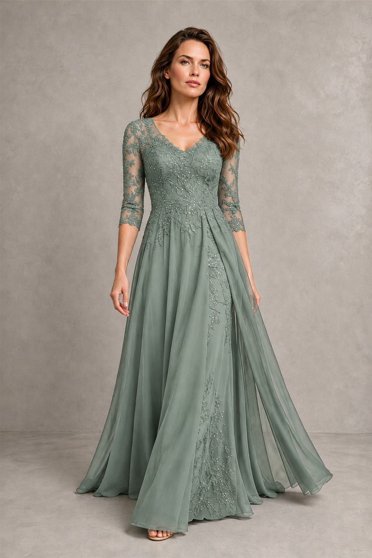 BOLODOO Midnight Dusty Sage Beaded Lace Appliqué Chiffon A-Line Gown | Mother of the Bride & Formal Evening Dress - Dusty Sage - Dusty Sage_4
