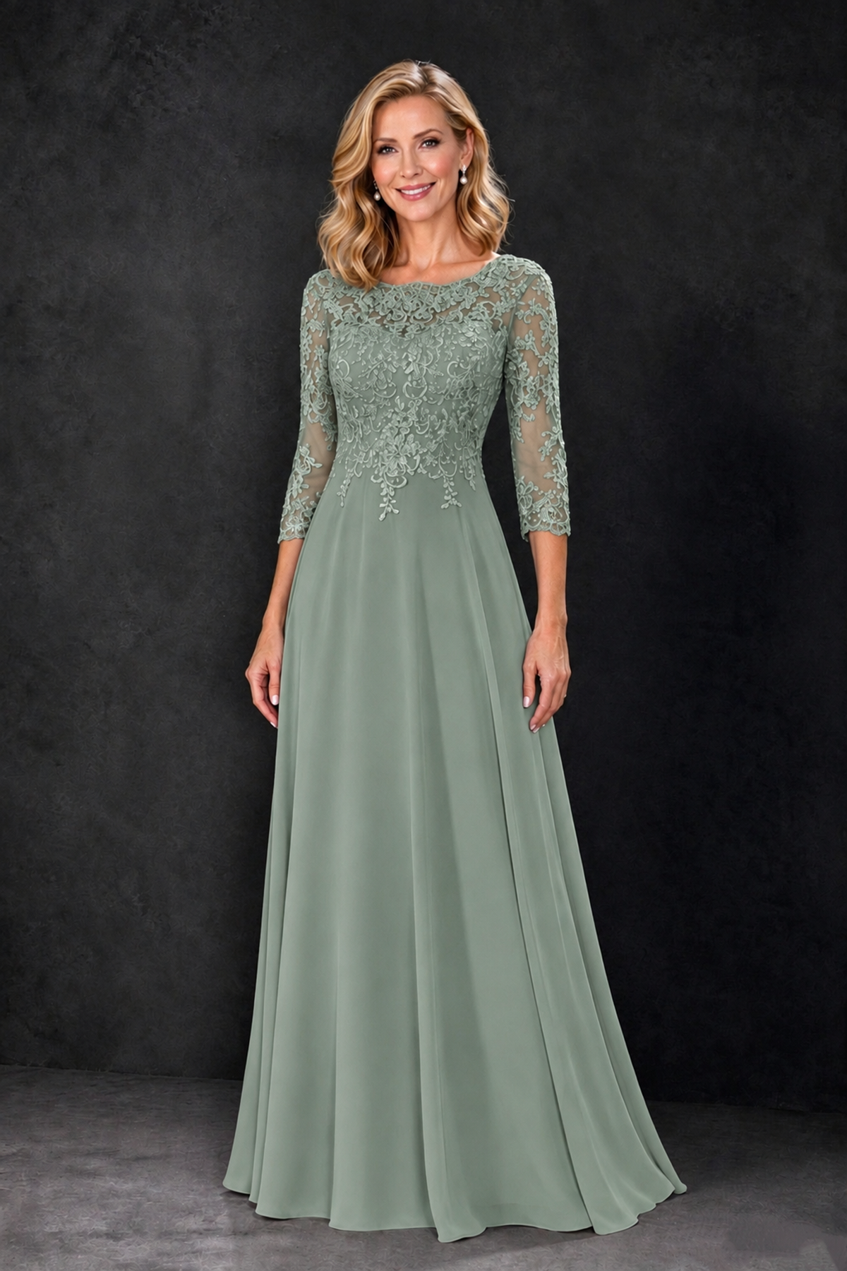 BOLODOO Dusty Sage Lace Embroidered Mother of the Bride Dress with 3/4 Sleeves - Dusty Sage - Dusty Sage_4