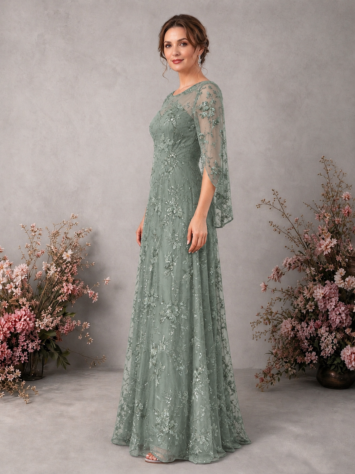 BOLODOO Dusty Sage Sequin Lace Cape Sleeve Formal Evening Gown - Dusty Sage - Dusty Sage_4
