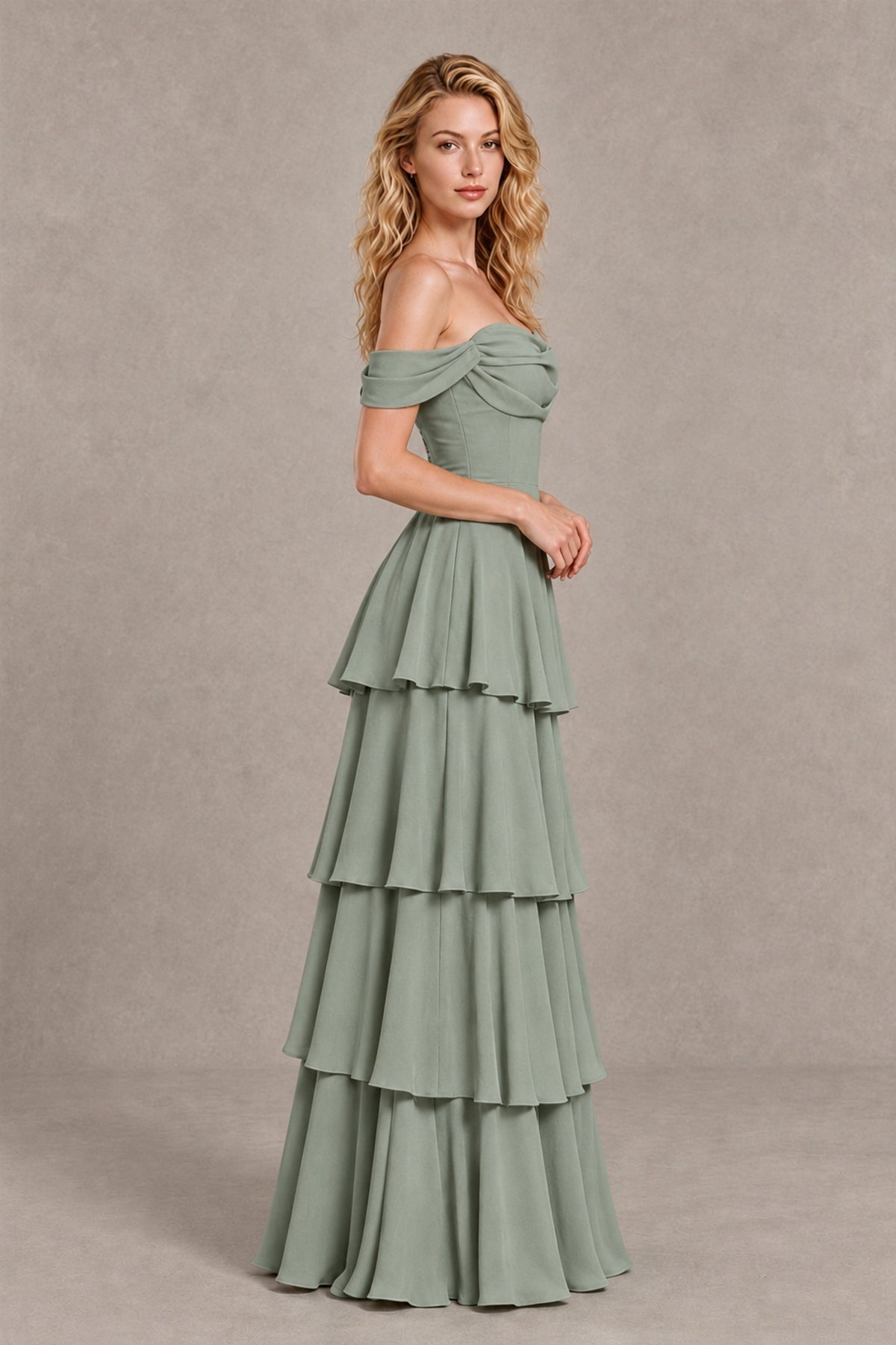 BOLODOO Dusty Sage Off-the-Shoulder Tiered A-Line Evening Bridesmaid Dress - Dusty Sage - Dusty Sage_4