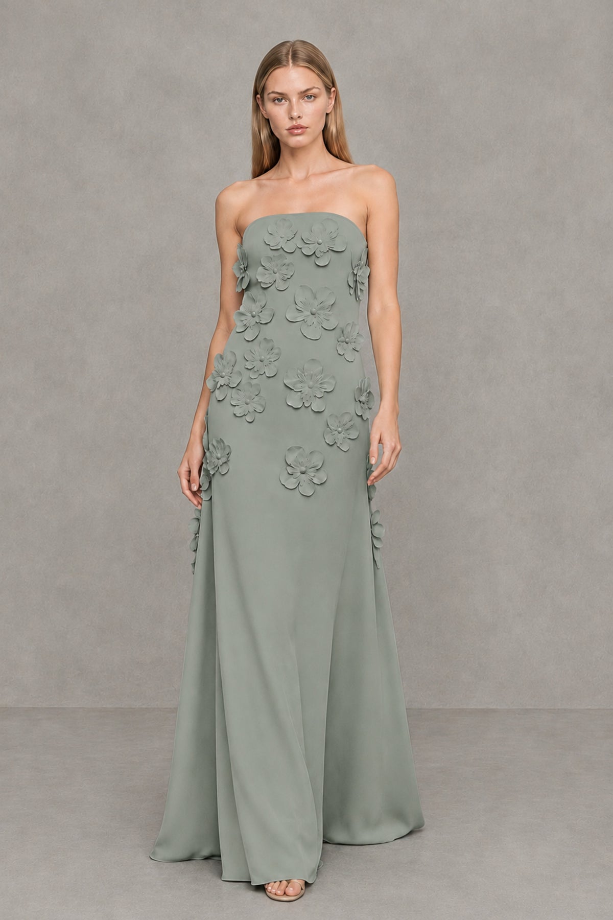 BOLODOO Dusty Sage Strapless 3D Floral Appliqué Crepe Maxi Gown - Dusty Sage - Dusty_Sage_4