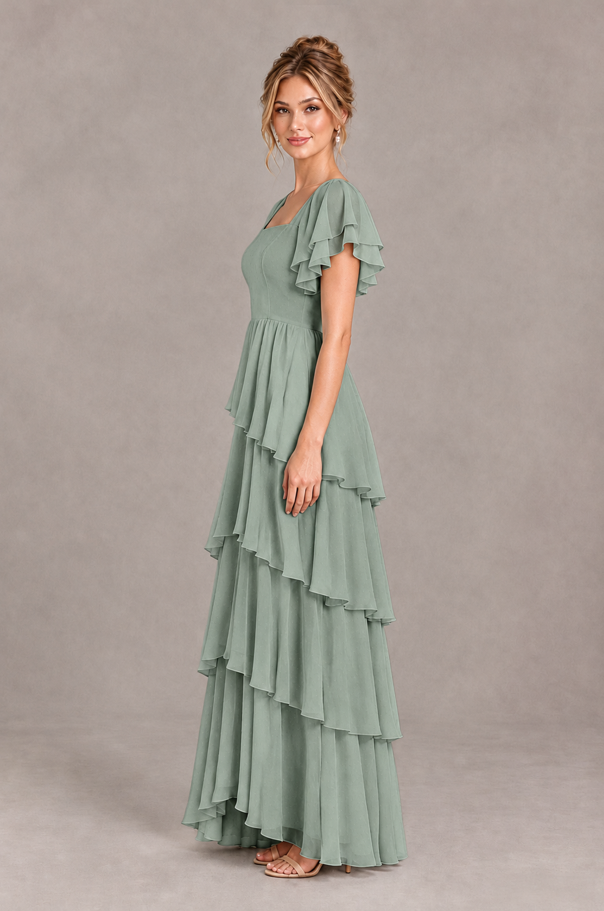 BOLODOO Dusty Sage Square Neck Flutter Sleeve Tiered Chiffon Bridesmaid Dress with Lace-Up Back - Dusty Sage - Dusty Sage_4