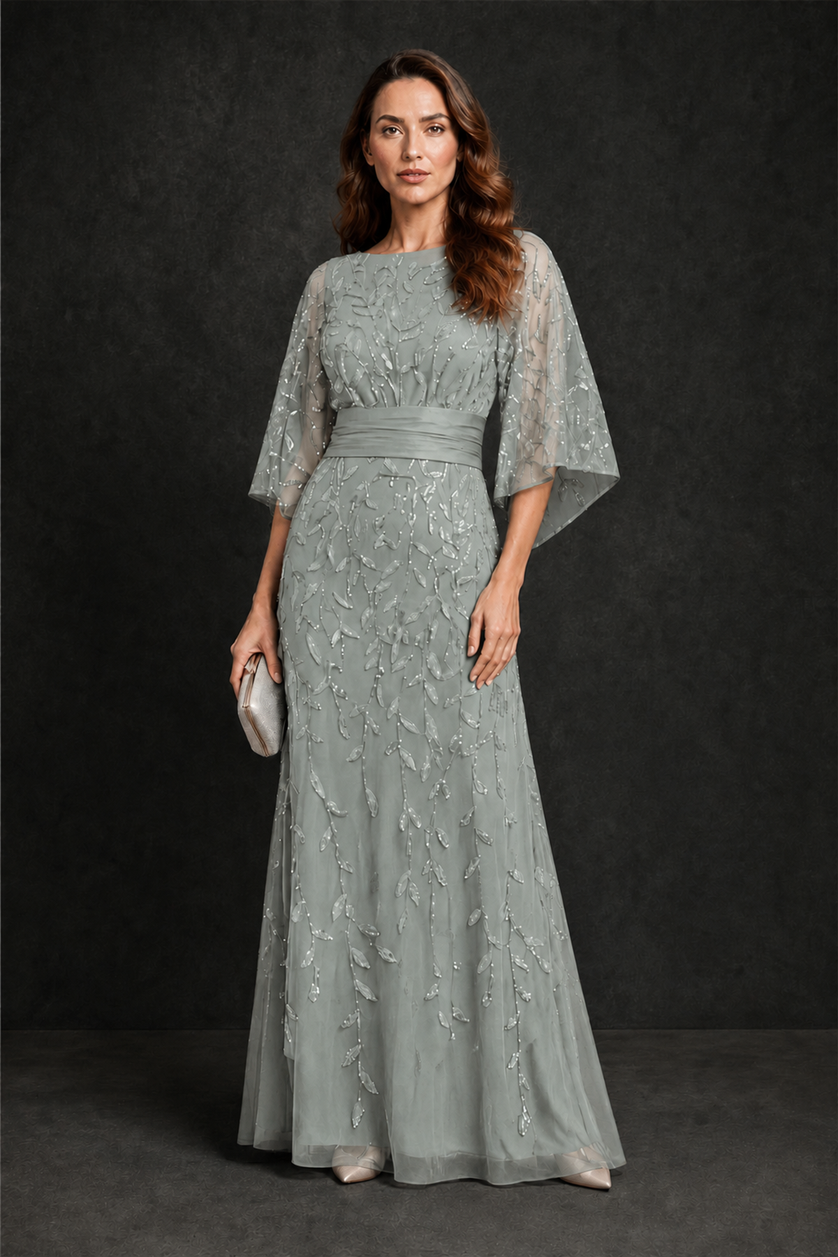 BOLODOO Dusty Sage Bateau Neck Bell Sleeve Sequin Embroidered Satin Waist A-Line Maxi Dress - Dusty Sage - Dusty_Sage_4
