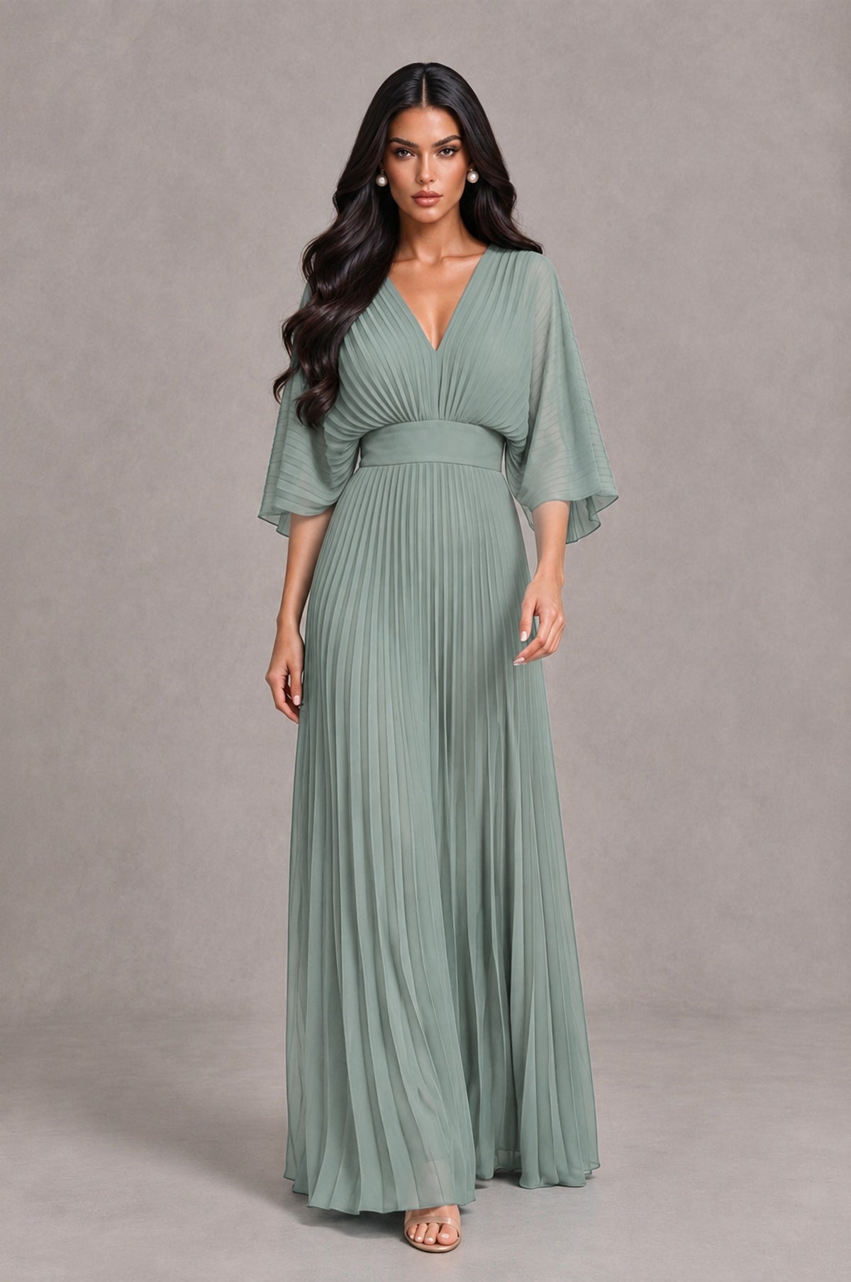 BOLODOO Dusty Sage V-Neck Pleated Flutter Sleeve Formal Dress - Dusty Sage - Dusty Sage_4