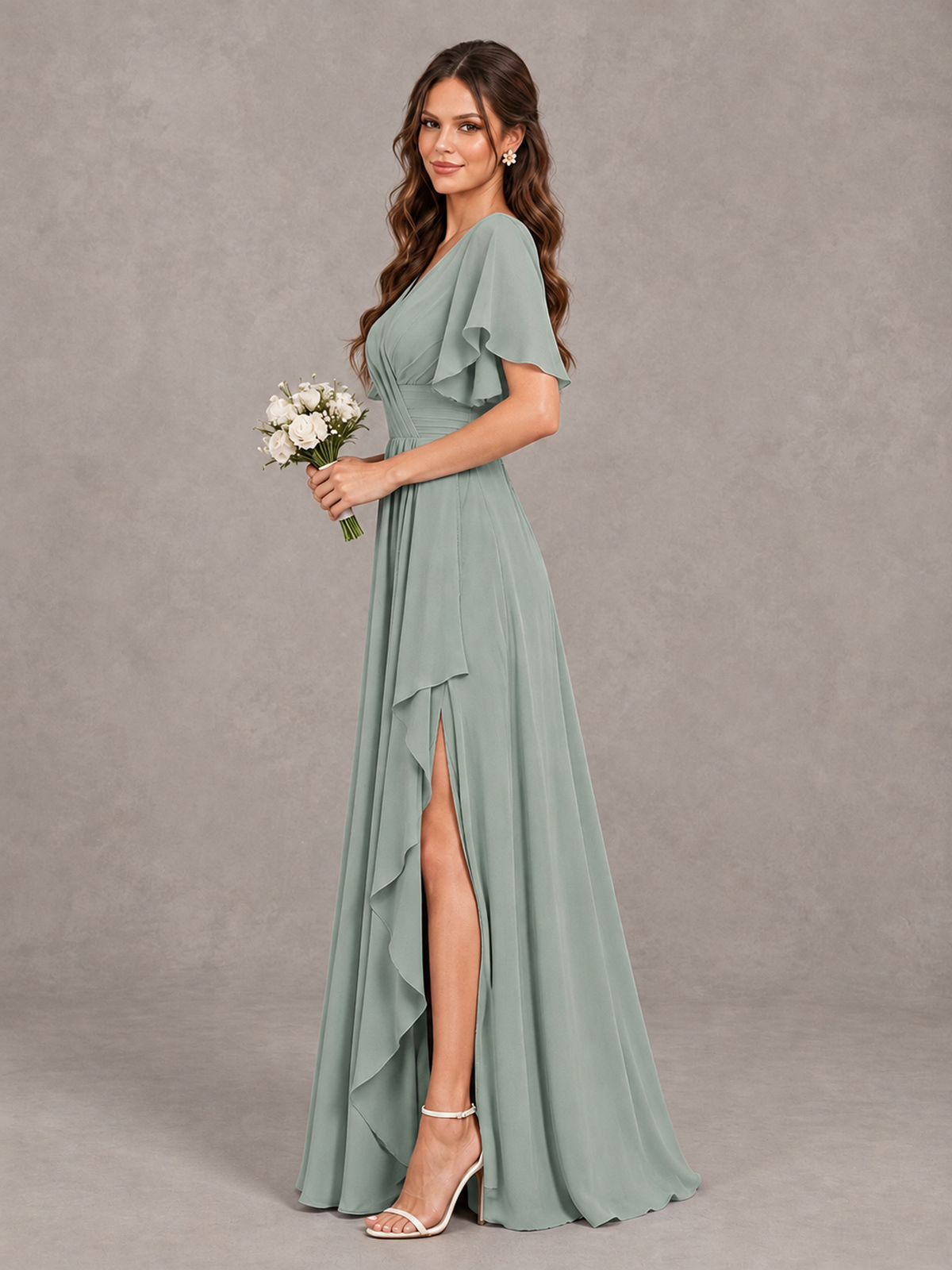 BOLODOO Dusty Sage Flutter Sleeve V-Neck Bridesmaid Dress with Ruffle Slit - Dusty Sage - Dusty Sage_4