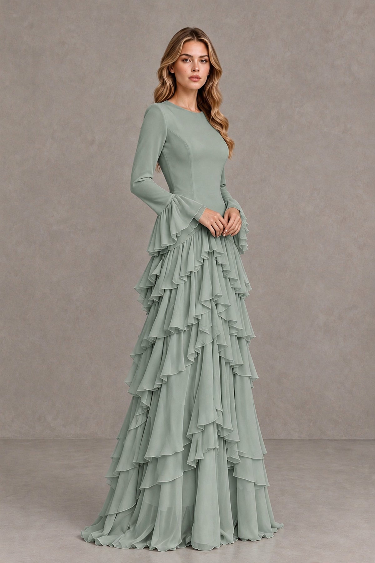 Dusty Sage Long Sleeve Tiered Ruffle Evening Gown - Dusty Sage - Dusty Sage_4
