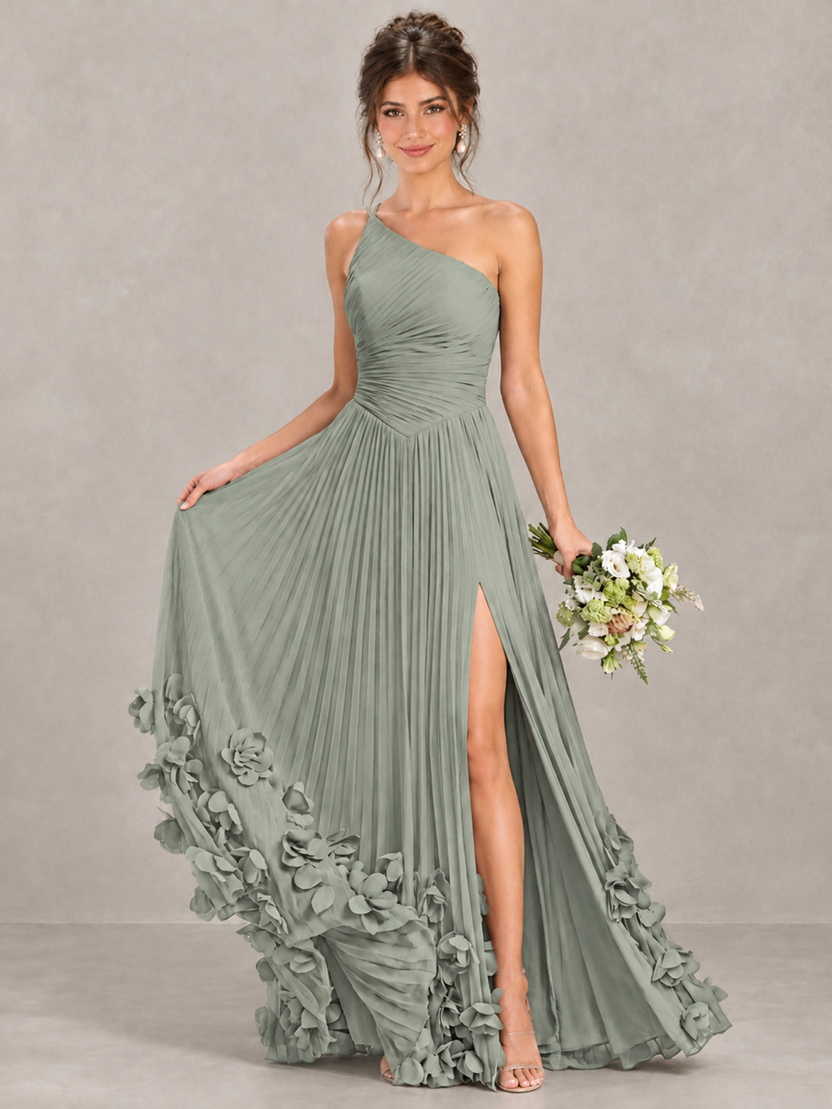 BOLODOO Dusty Sage One-Shoulder Pleated Bridesmaid Dress with 3D Floral Hem - Dusty Sage - Dusty Sage_4