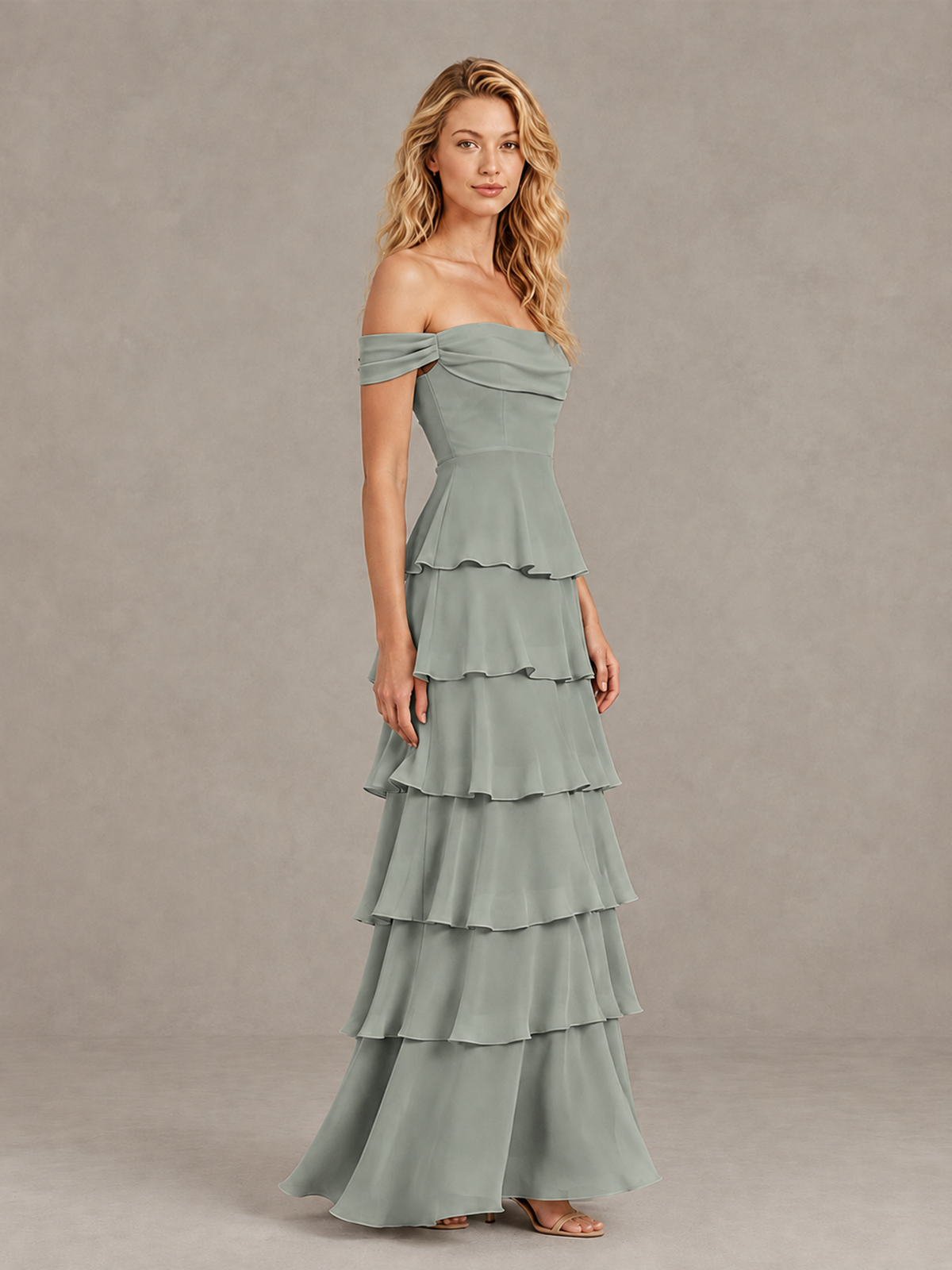 BOLODOO Dusty Sage Off-Shoulder Tiered Ruffle Bridesmaid Dress with Lace-Up Back - Dusty Sage - Dusty Sage_4