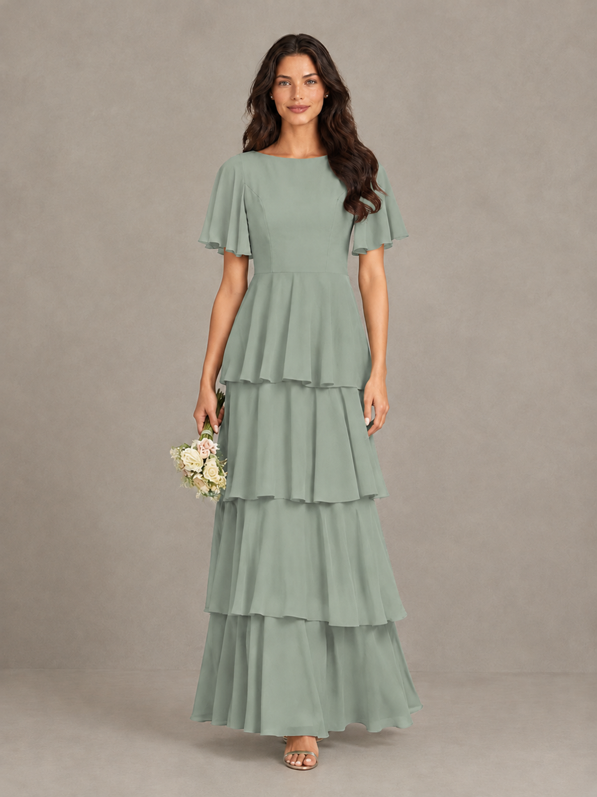 BOLODOO Dusty Sage Tiered Flutter Sleeve Bridesmaid Dress - Dusty Sage - Dusty Sage_4