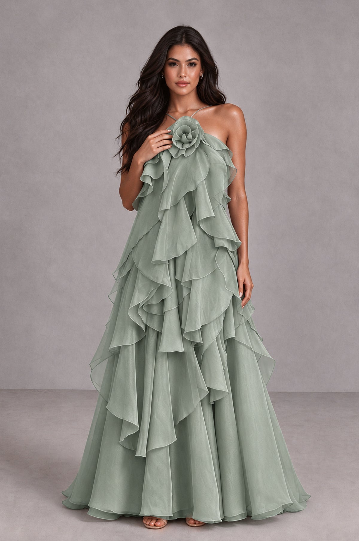 BOLODOO Dusty Sage Cascading Ruffle Rosette Open-Back Maxi Dress - Dusty Sage - Dusty Sage_4