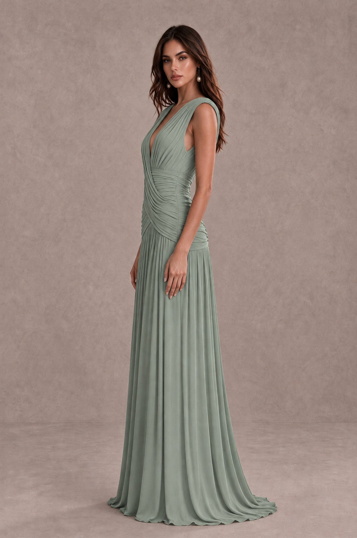 BOLODOO Dusty Sage V-Neck Ruched Wedding Guest Dress - Dusty Sage - Dusty Sage_4