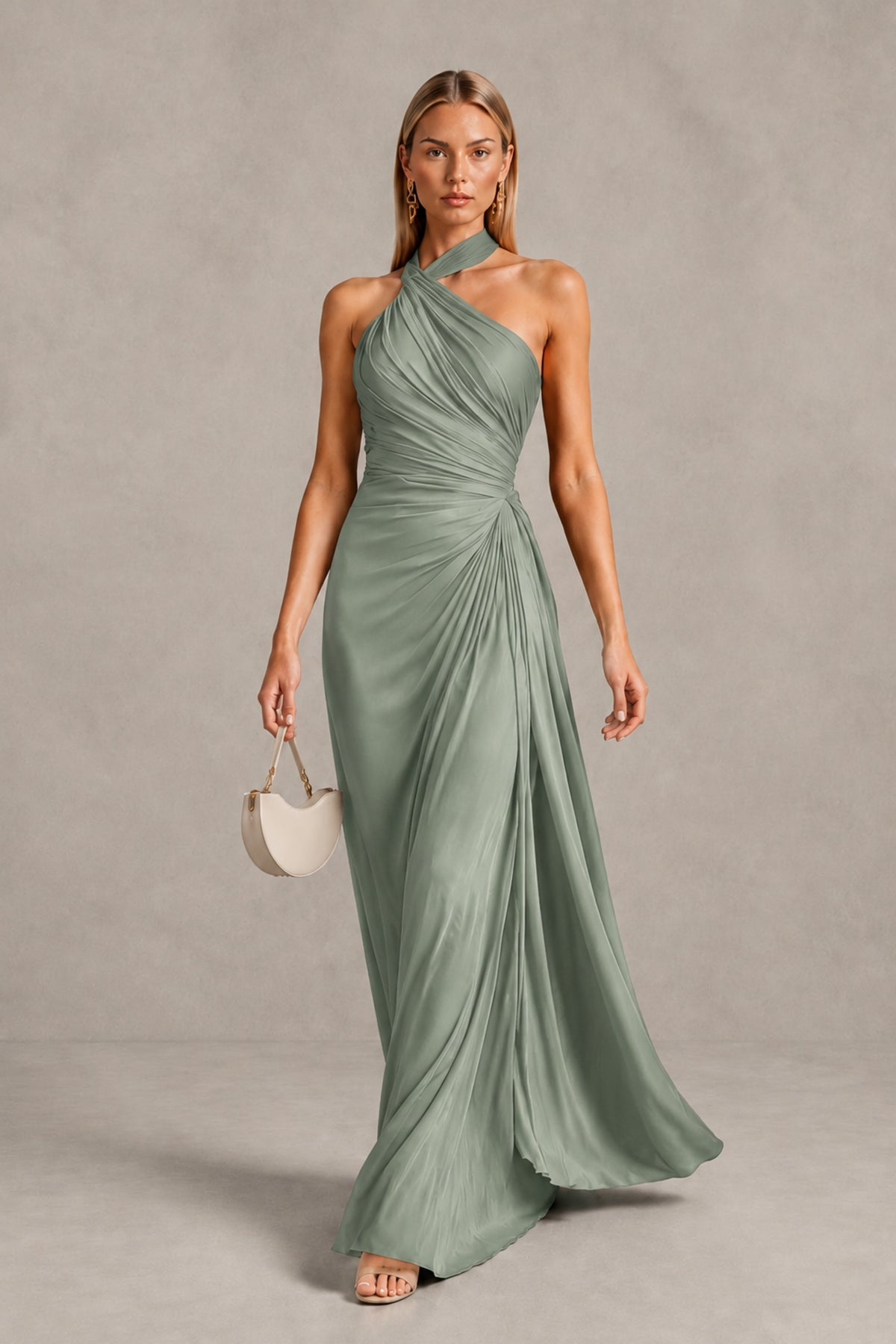 BOLODOO Dusty Sage Twisted Halter Neck Ruched Sleeveless Open Back Floor-Length Gown - Dusty Sage - Dusty_Sage_4