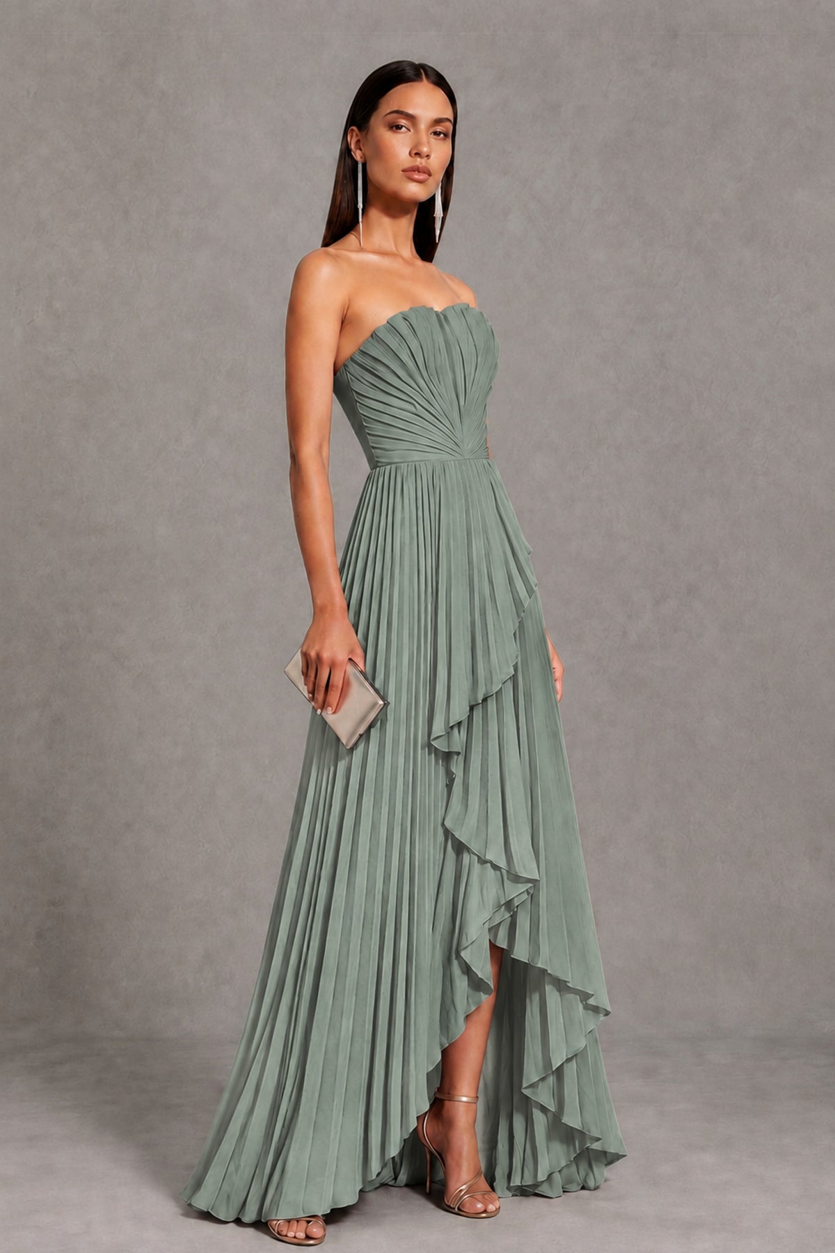 Dusty Sage Strapless Pleated High-Low Evening Gown with Ruffle Hem - Dusty Sage - Dusty_Sage_4