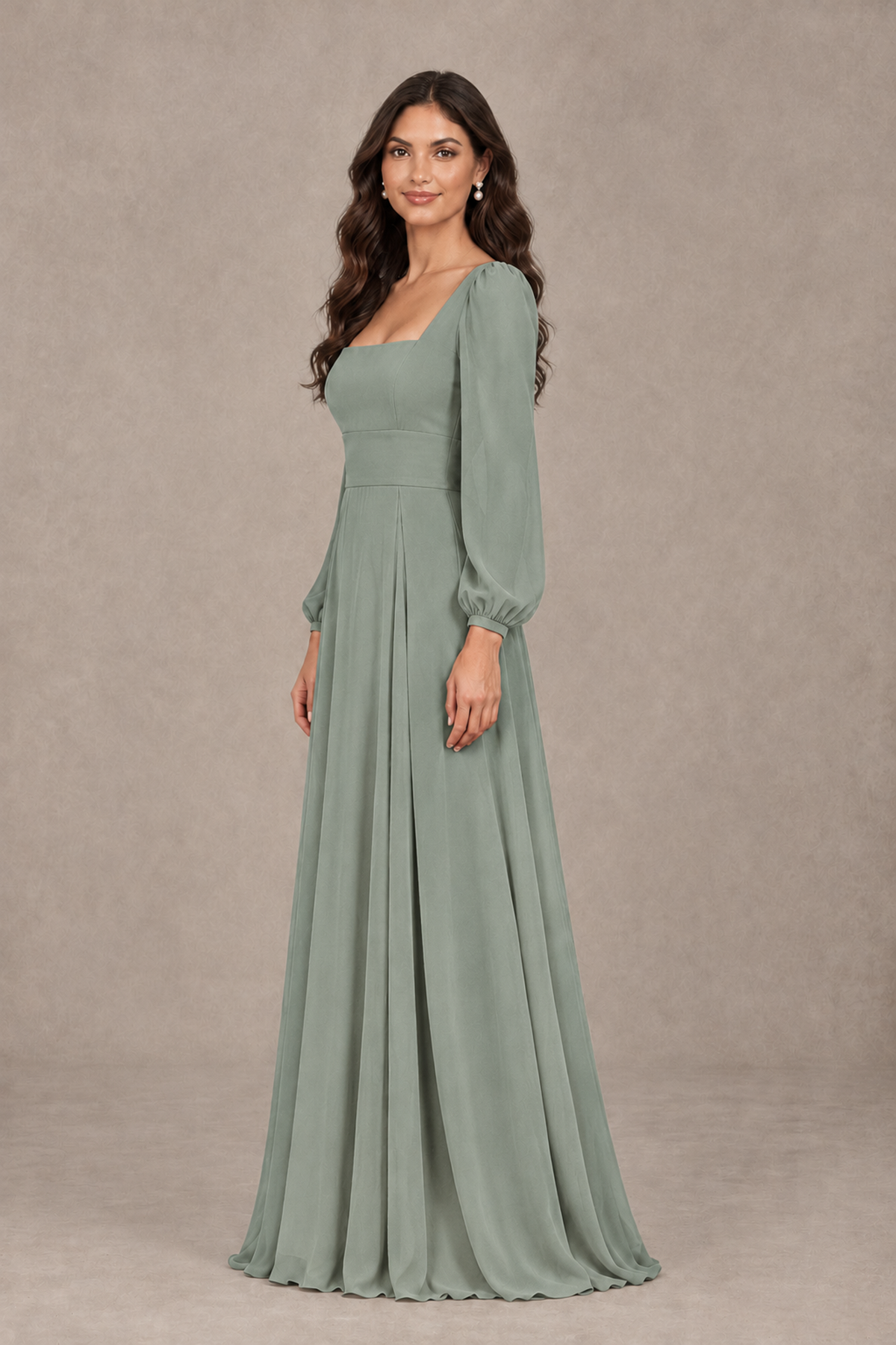BOLODOO Dusty Sage Square Neck Long Sleeve A-Line Bridesmaid Dress - Dusty Sage - Dusty Sage_4