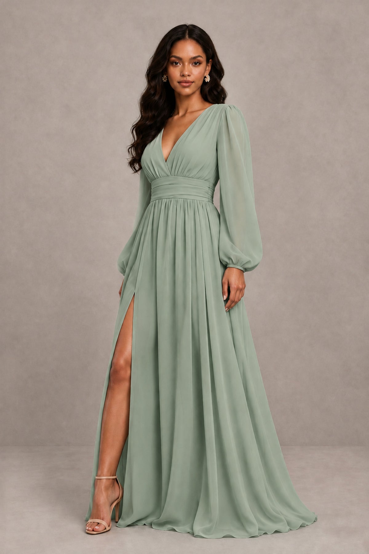BOLODOO Dusty Sage Long Sleeve V-Neck A-Line Gown with Open Back & Slit - Dusty Sage - Dusty Sage_4