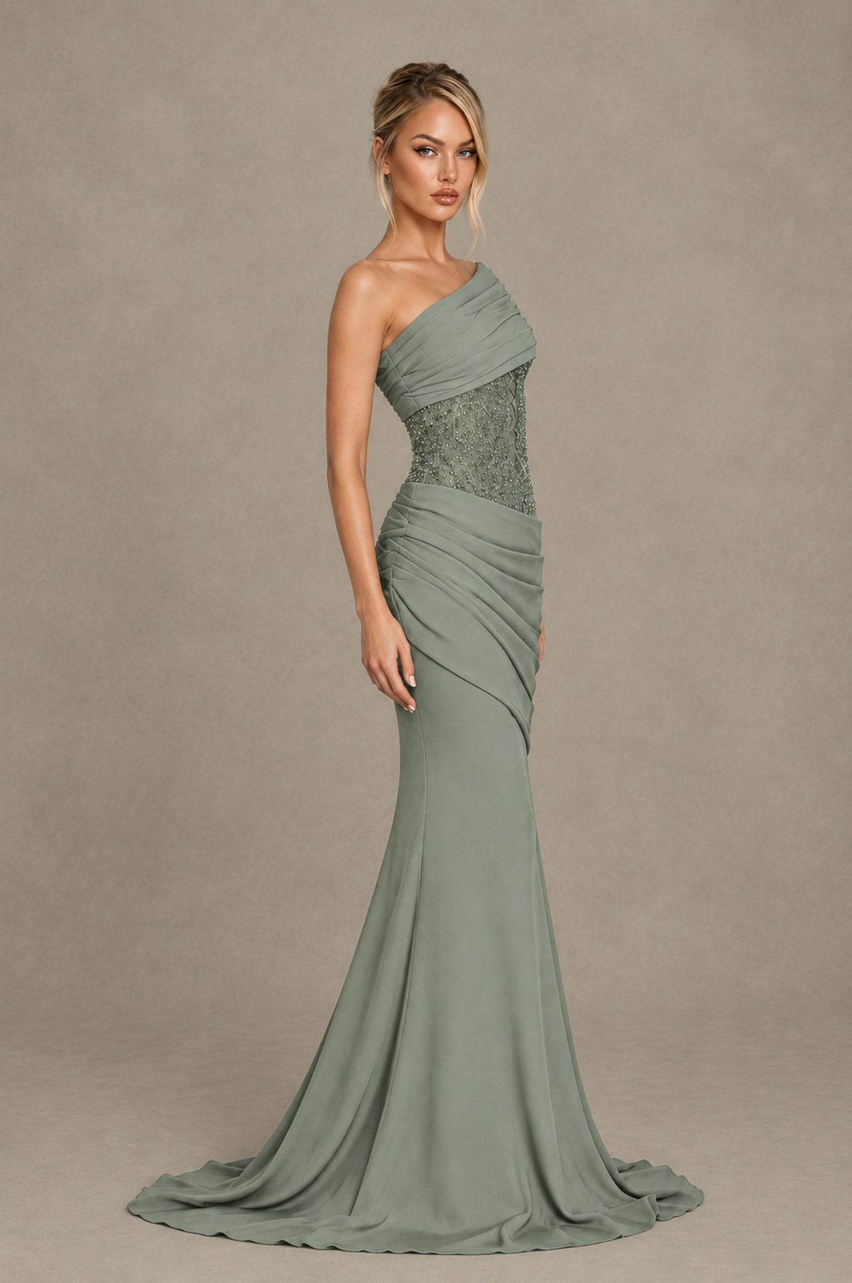 BOLODOO Dusty Sage One-Shoulder Sequin Embroidered Ruched Mermaid Gown with Train - Dusty Sage - Dusty Sage_4