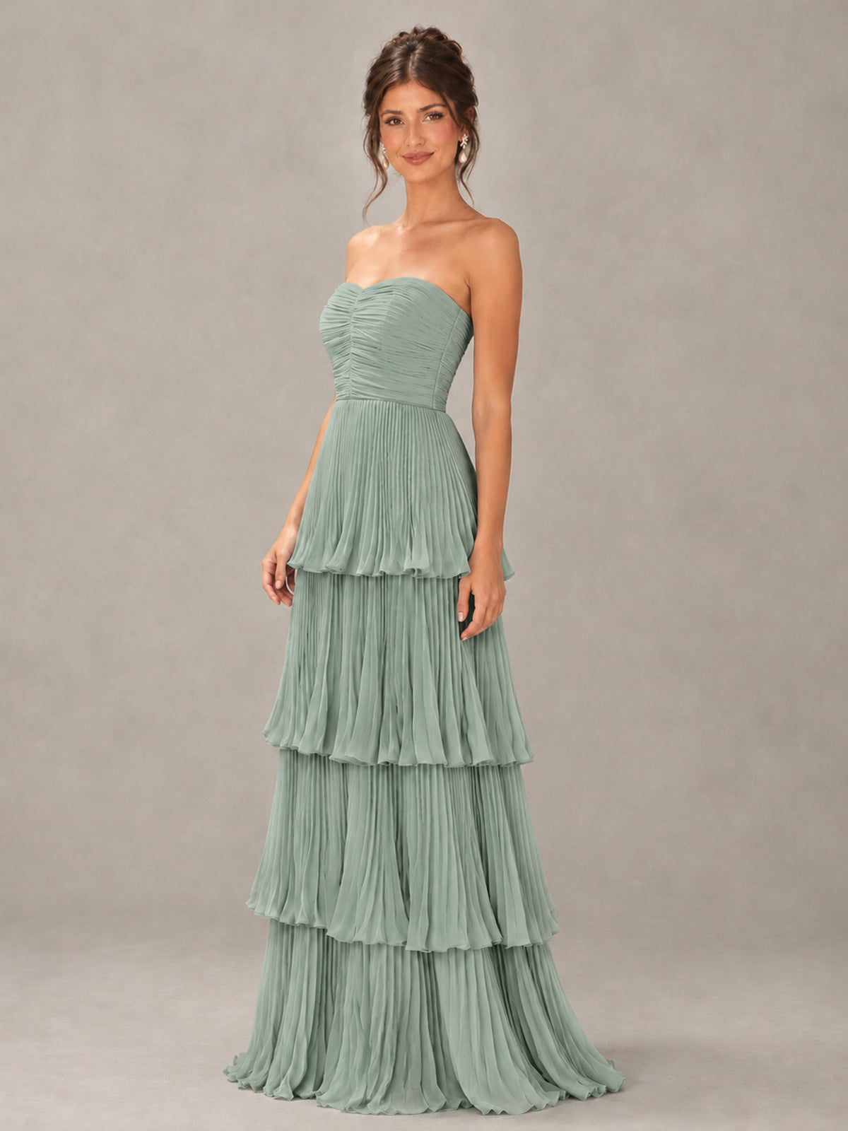 BOLODOO Dusty Sage Strapless Tiered Pleated Bridesmaid Dress - Dusty Sage - Dusty Sage_4