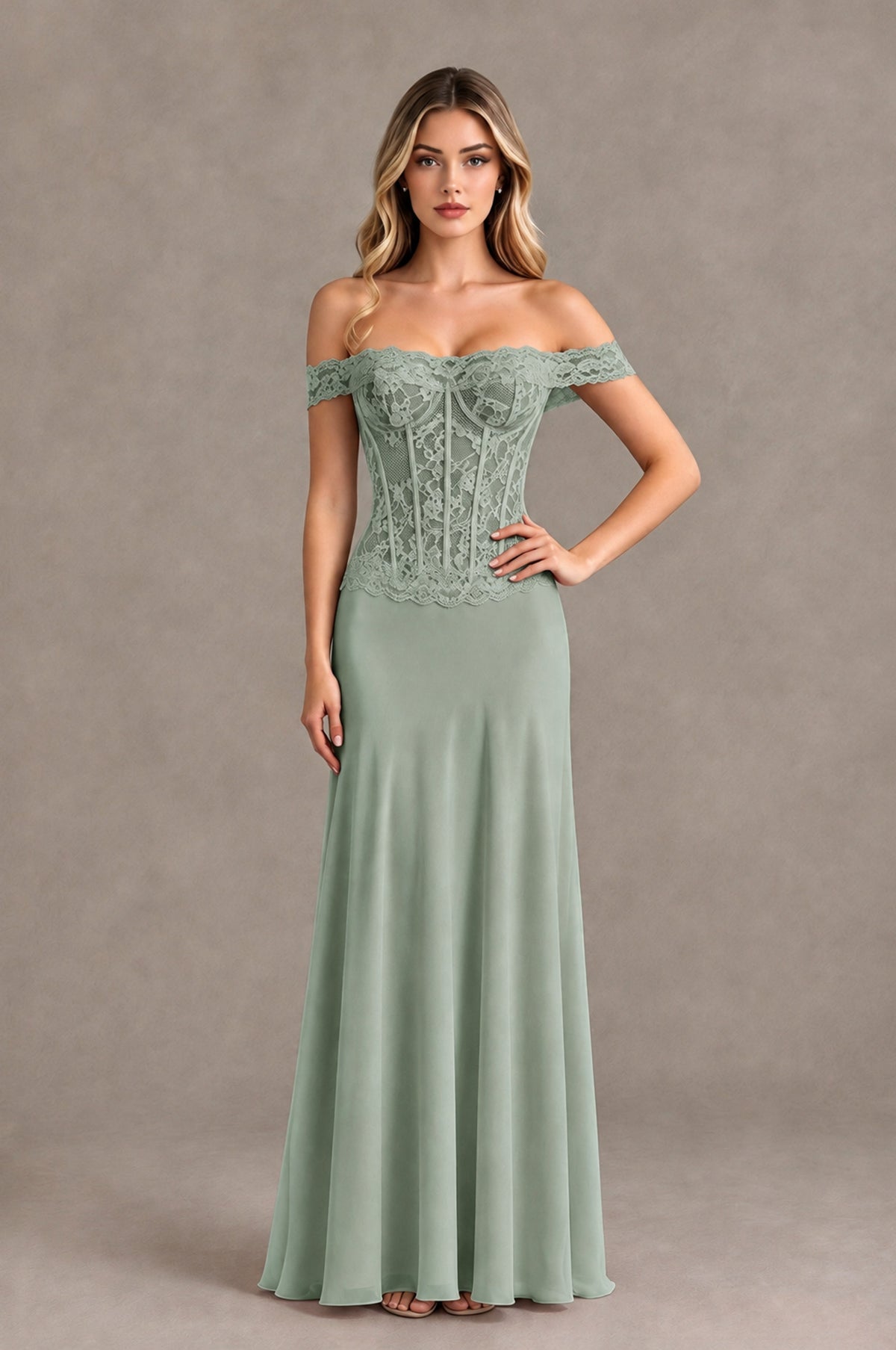 BOLODOO Dusty Sage Off Shoulder Lace Corset Wedding Guest Dress - Dusty Sage - Dusty Sage_4