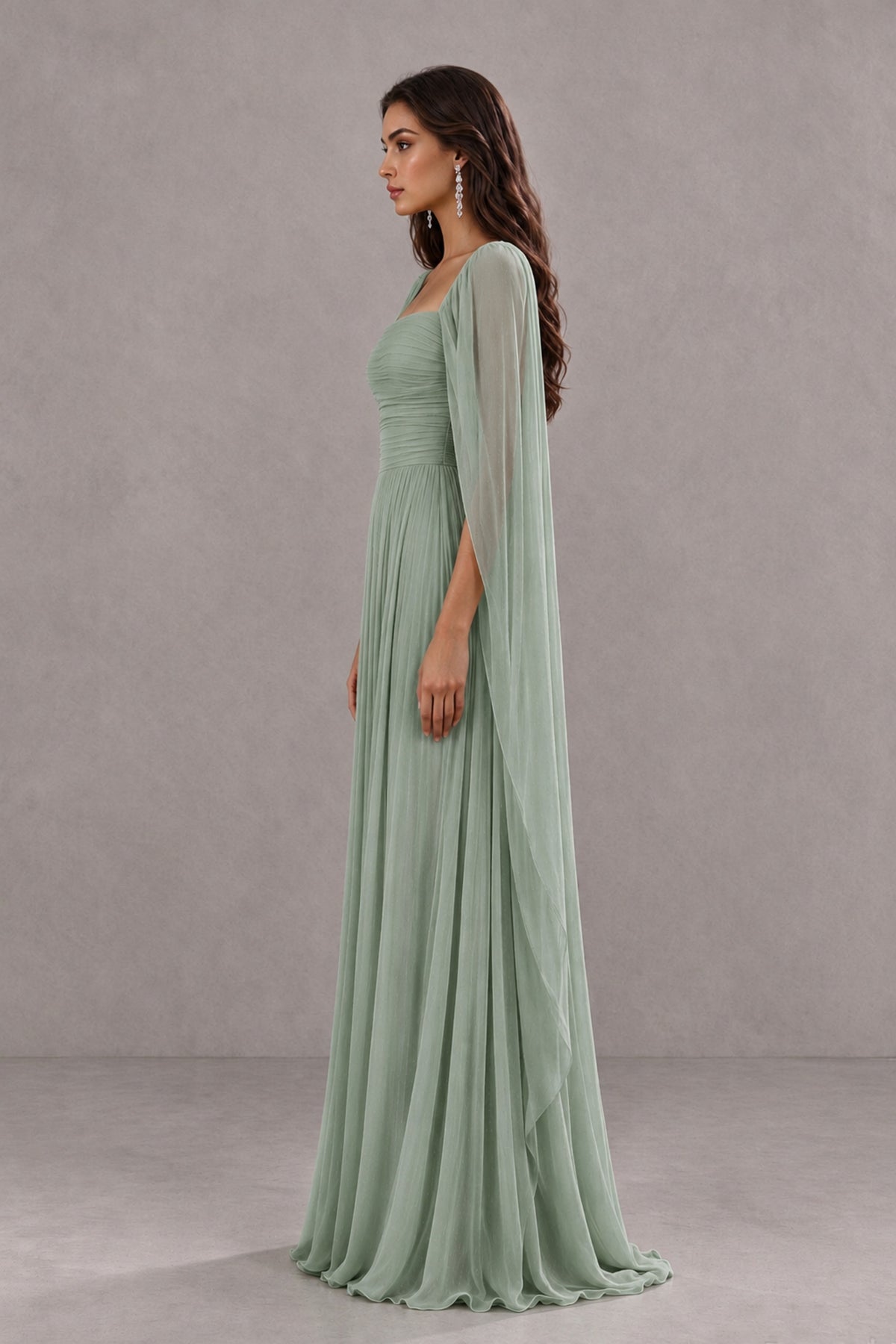 BOLODOO Dusty Sage Square Neck Cape Sleeve A-Line Evening Dress - Dusty Sage - Dusty_Sage_4
