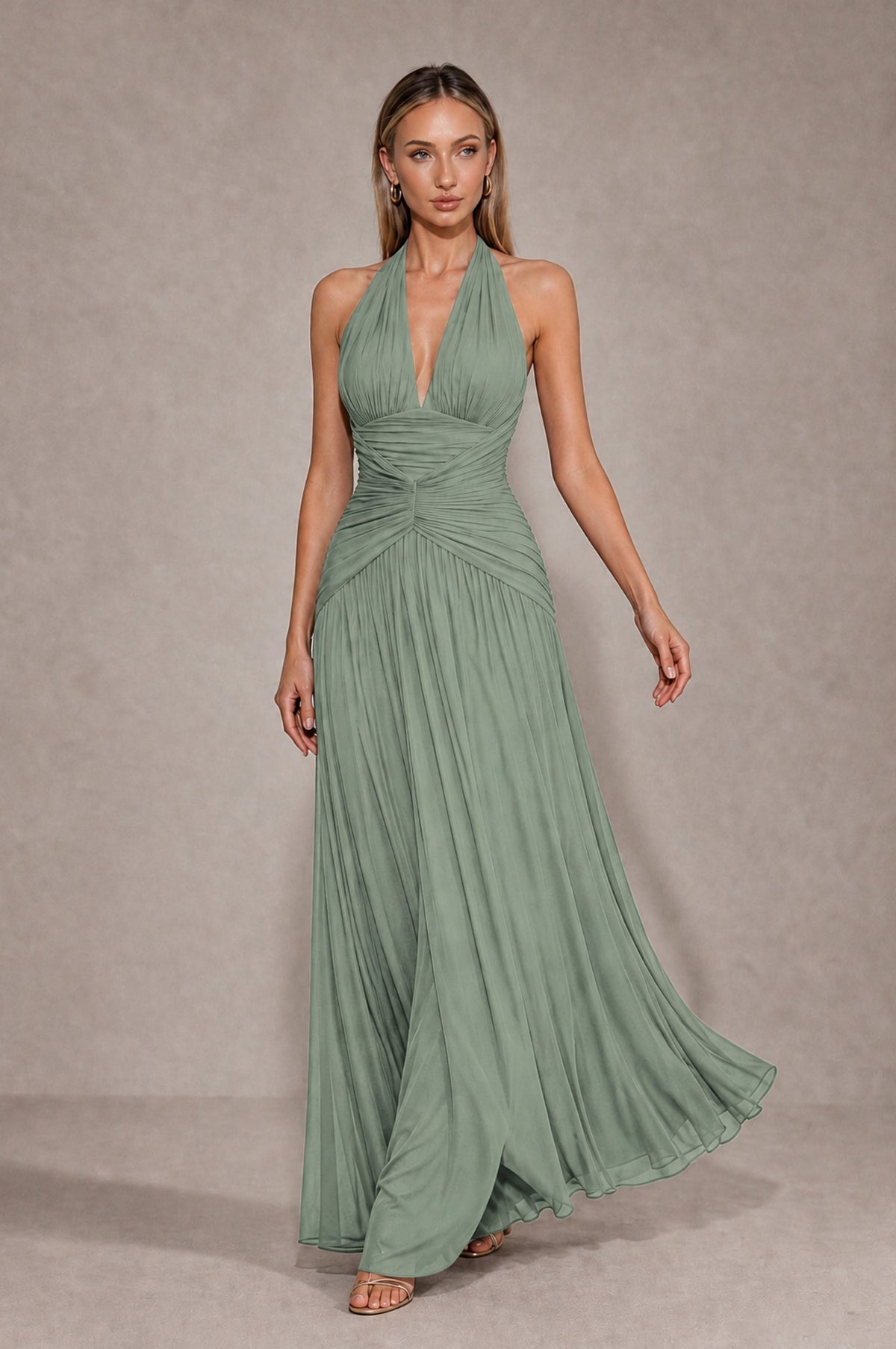 BOLODOO Dusty Sage Chiffon Halter Deep V-Neck Ruched A-Line Backless Maxi Dress with Train-BD0167 - Dusty Sage - Dusty Sage_4