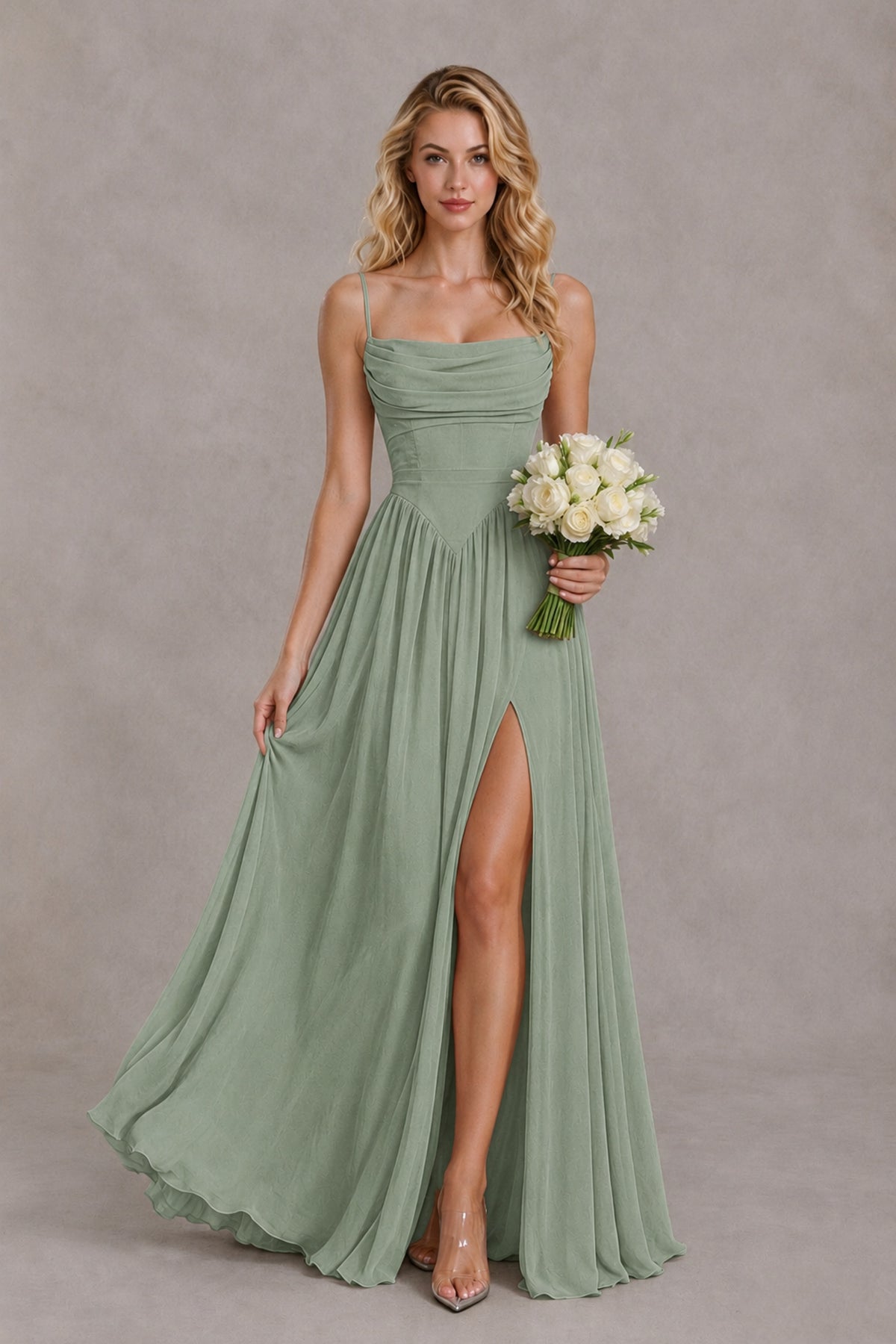 BOLODOO Dusty Sage Spaghetti Strap A-Line Bridesmaid Dress with Slit - Dusty Sage - Dusty Sage_4