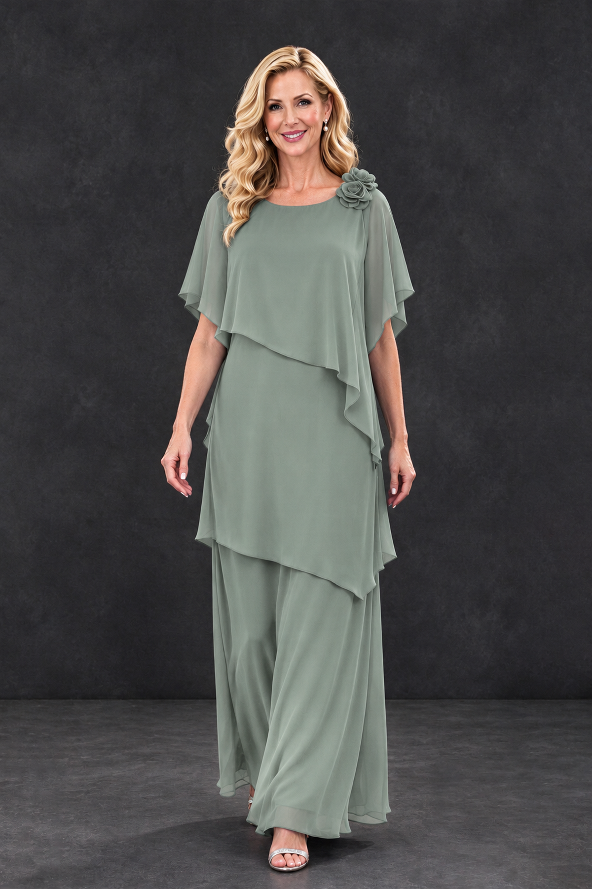 BOLODOO Dusty Sage Tiered Flutter Sleeve Mother of the Bride Maxi Dress - Dusty Sage - Dusty Sage_4